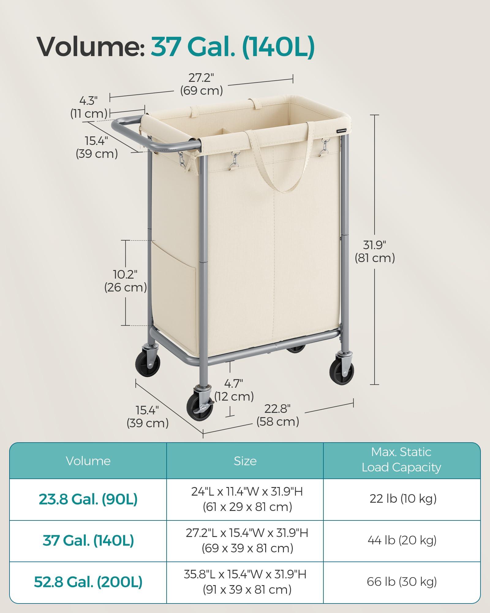 SONGMICS Laundry Basket with Wheels, 2-Section Rolling Laundry Hamper, 37 Gallons (140L), Removable Liner, Steel Frame with Handle, Blanket Storage, 27.2 x 15.4 x 31.9 Inches, Cream White URLS004W01 - Image 3