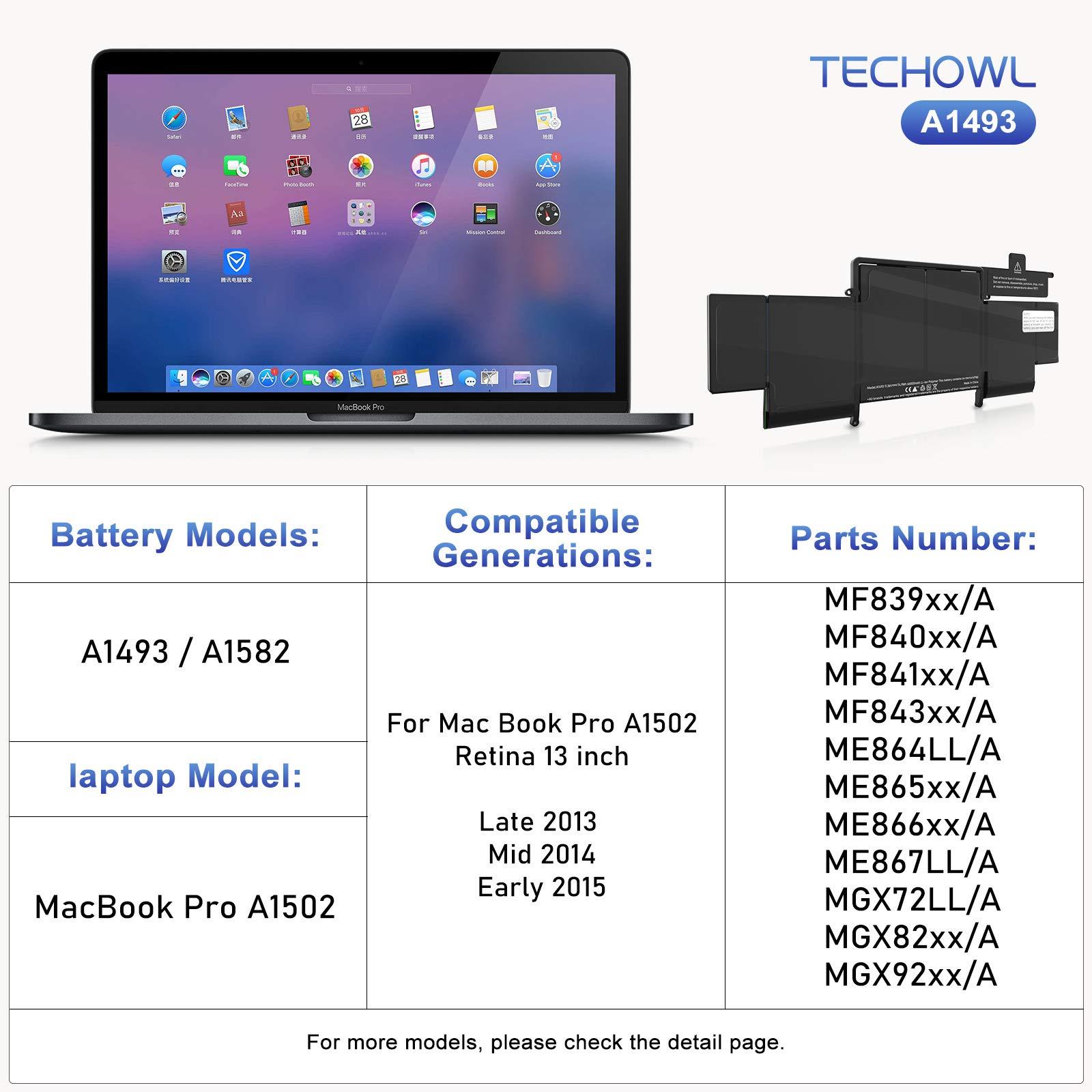 Techowl A1502 Battery Replacement for MacBook Pro (Retina,13-inch, Early 2015/Mid 2014/Late 2013) A1582 A1493 Battery for MacBook Pro A1502 [11.36V 6600mAh 74.97Wh] - Image 5