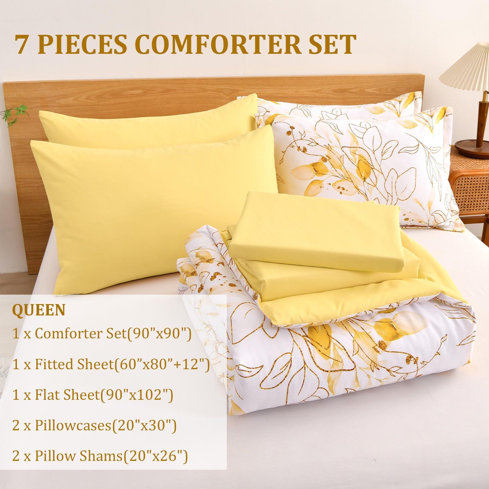 WONGS BEDDING Yellow Botanical Comforter Set Queen, 7 Pieces Floral Bed in a Bag Gloden Leaves Bedding Set Soft Microfiber Queen(1 Comforter,2 Pillowcase,2 Pillow Shams,1 Flat Sheet,1 Fitted Sheet) - Image 4
