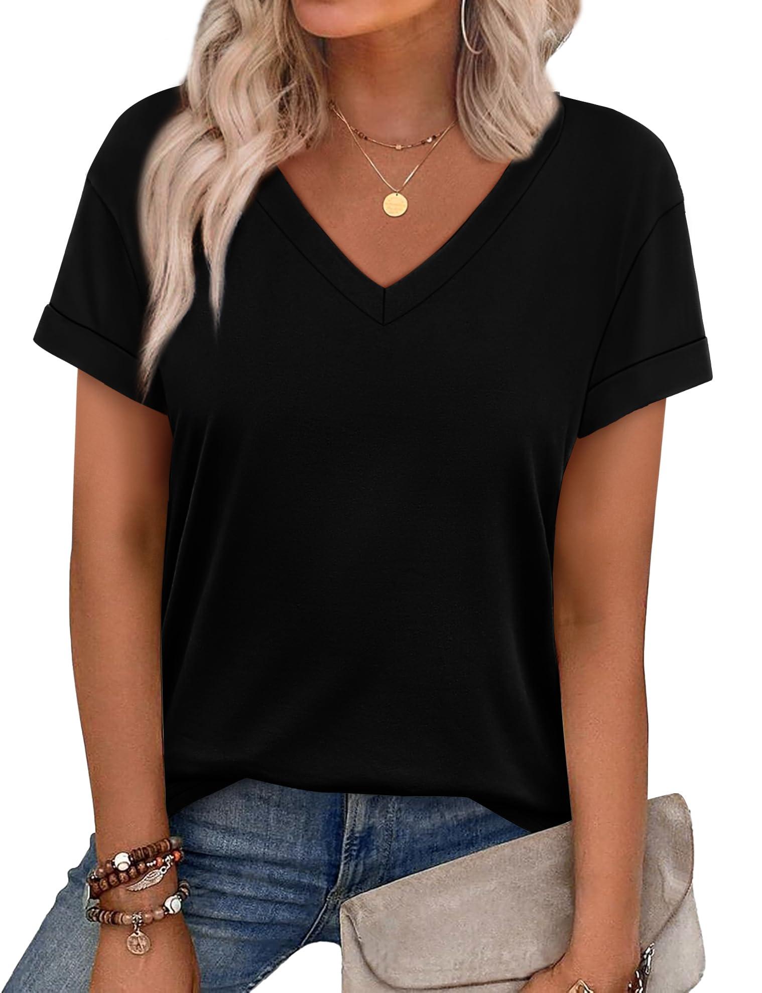 WEESO Womens T Shirts Short Sleeve Summer Tops Cute V Neck Casual Blouses