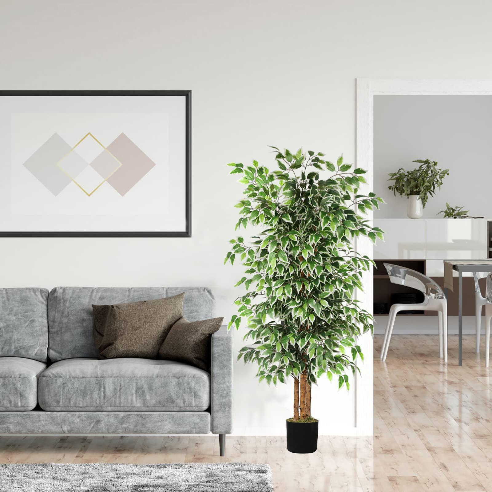 GTIDEA 6ft Artificial Tree Ficus, Tall Faux Trees Indoor with Natural Trunk and Fake Silk Tree Fake Plants for Home Spring Decor Living Room Outdoor Balcony House Office (Included Dried Moss) - Image 2