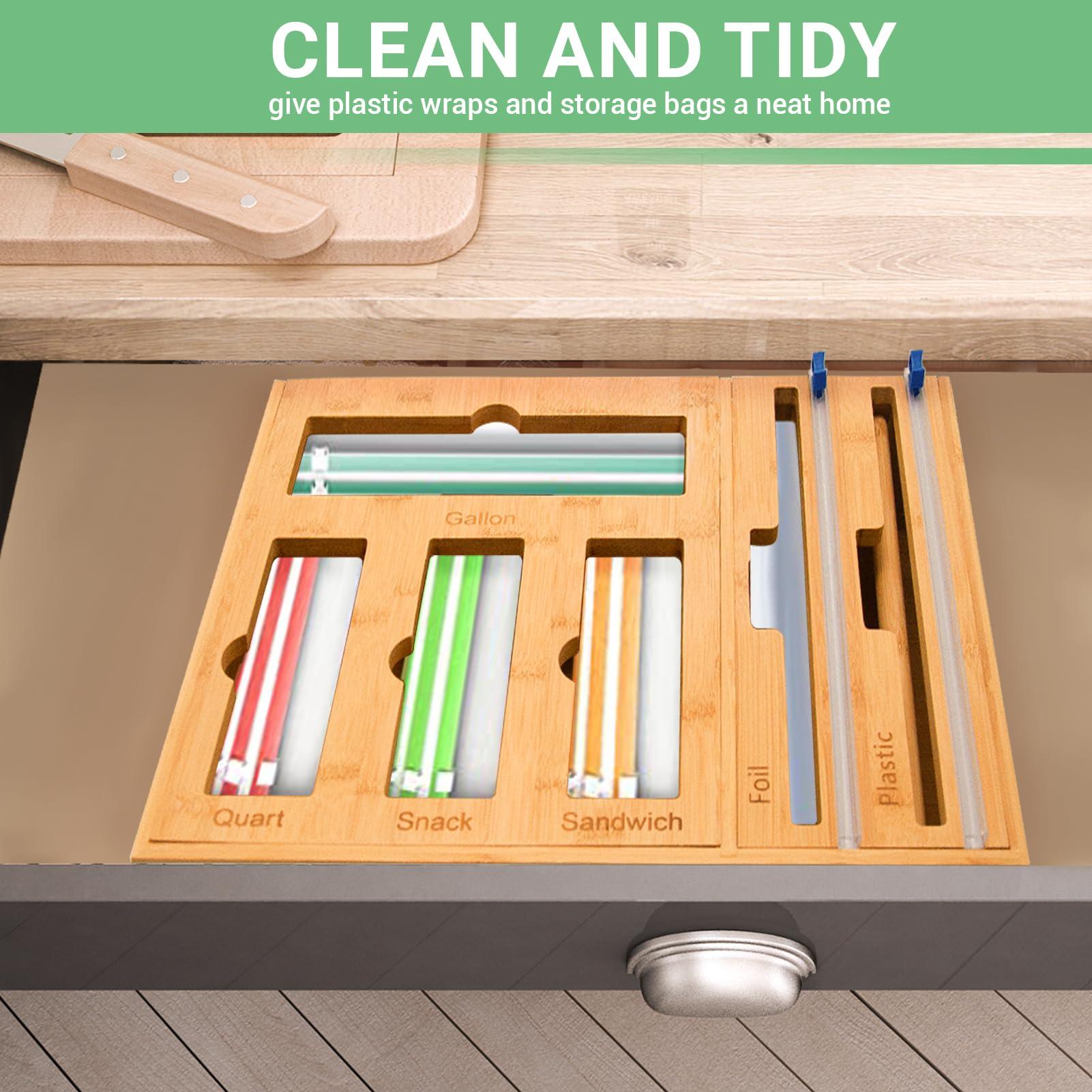 WHOMASS Bamboo Kitchen Drawer Organizer 7-in-1 for Food Bags and Wraps Adjustable Compartment Storage with Baggy Rack Dispenser and Cutter Fits Gallon Quart Sandwich and Snack Sizes - Image 5