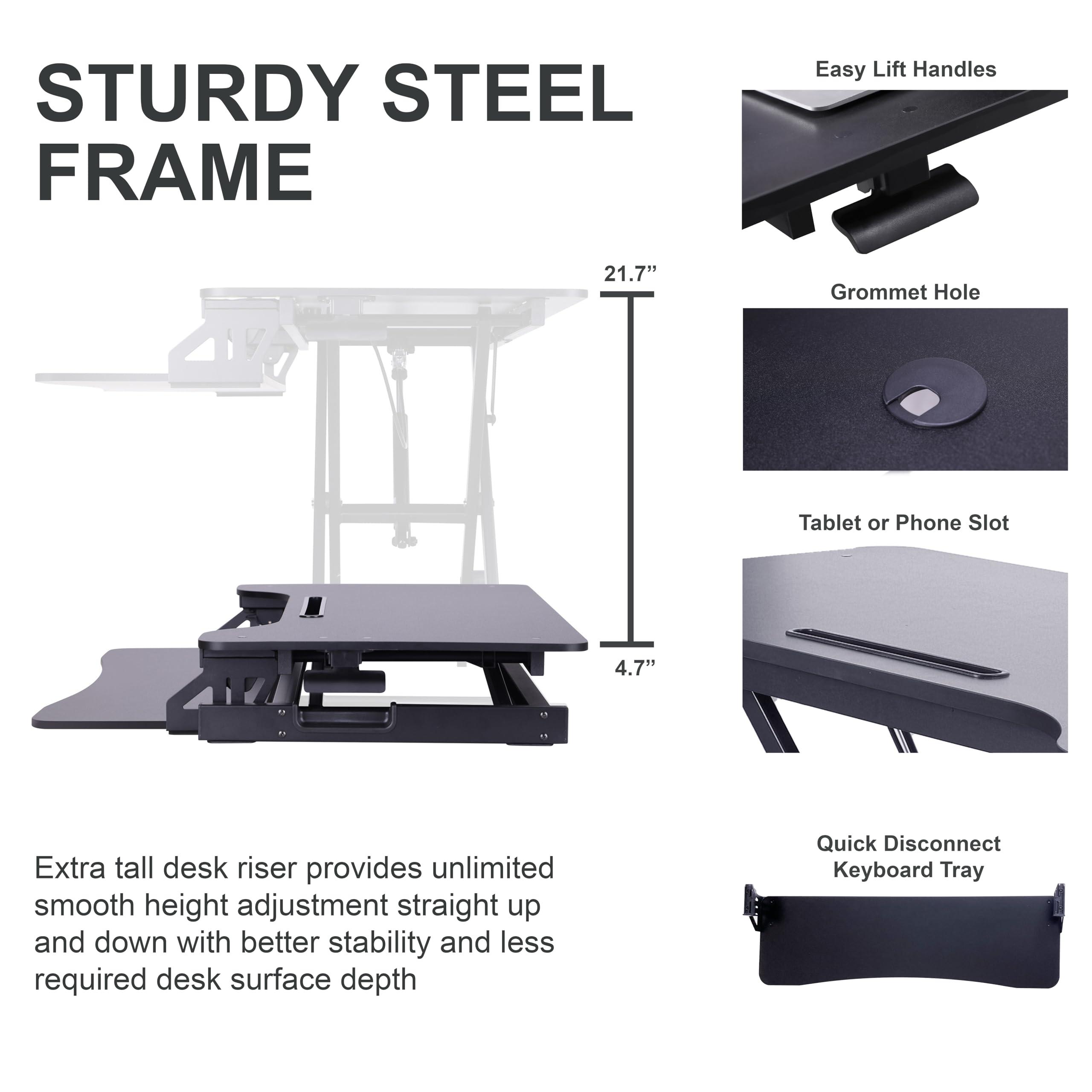 Rocelco 43" Height Adjustable Standing Desk Converter - Tall Sit Stand Up Tabletop Riser with Tablet Slot - Home Office Computer Workstation - Deep Keyboard Tray for Laptop Mouse - Black (R VADRB-43) - Image 3