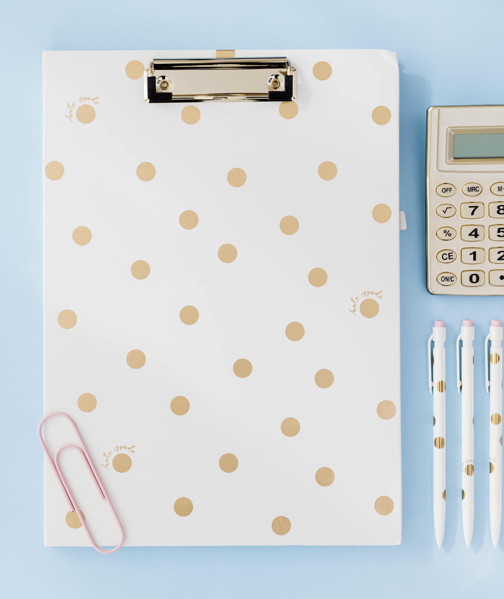 Kate Spade New York A4 Clipboard Folio with Low Profile Clip, Professional Padfolio Includes Lined Notepad, Pen Loop, and Pocket, Gold Dot with Script - Image 6
