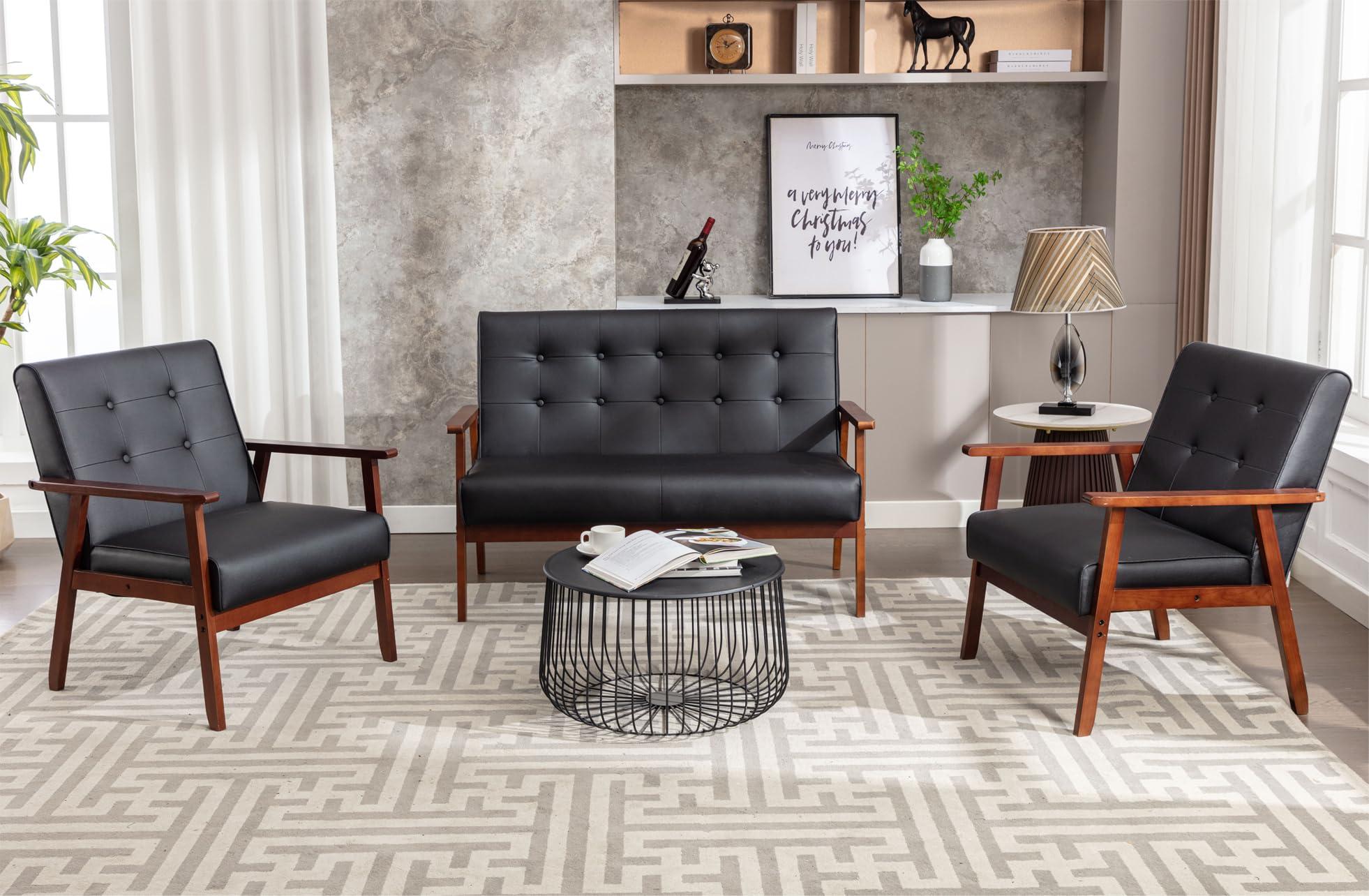 JIASTING Mid Century 1 Loveseat Sofa and 2 Accent Chairs Set Modern Wood Arm Couch and Chair Living Room Furniture Sets (8428 Black Set)