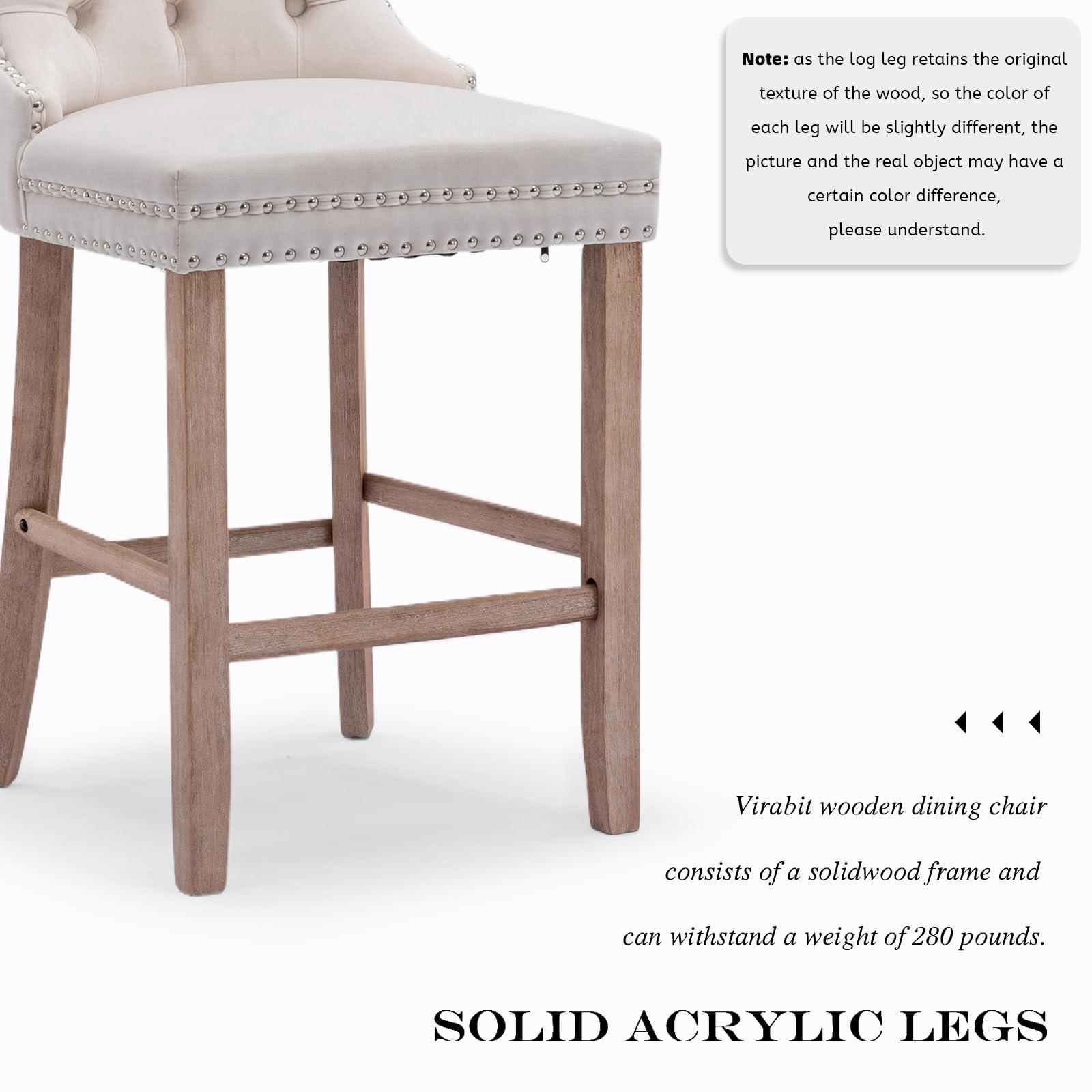 JETEAGO Bar Stools Set of 2, Velvet Upholstered Bar Stool for Kitchen Island, Counter Stools with Nailhead Trim, Beige - Image 8