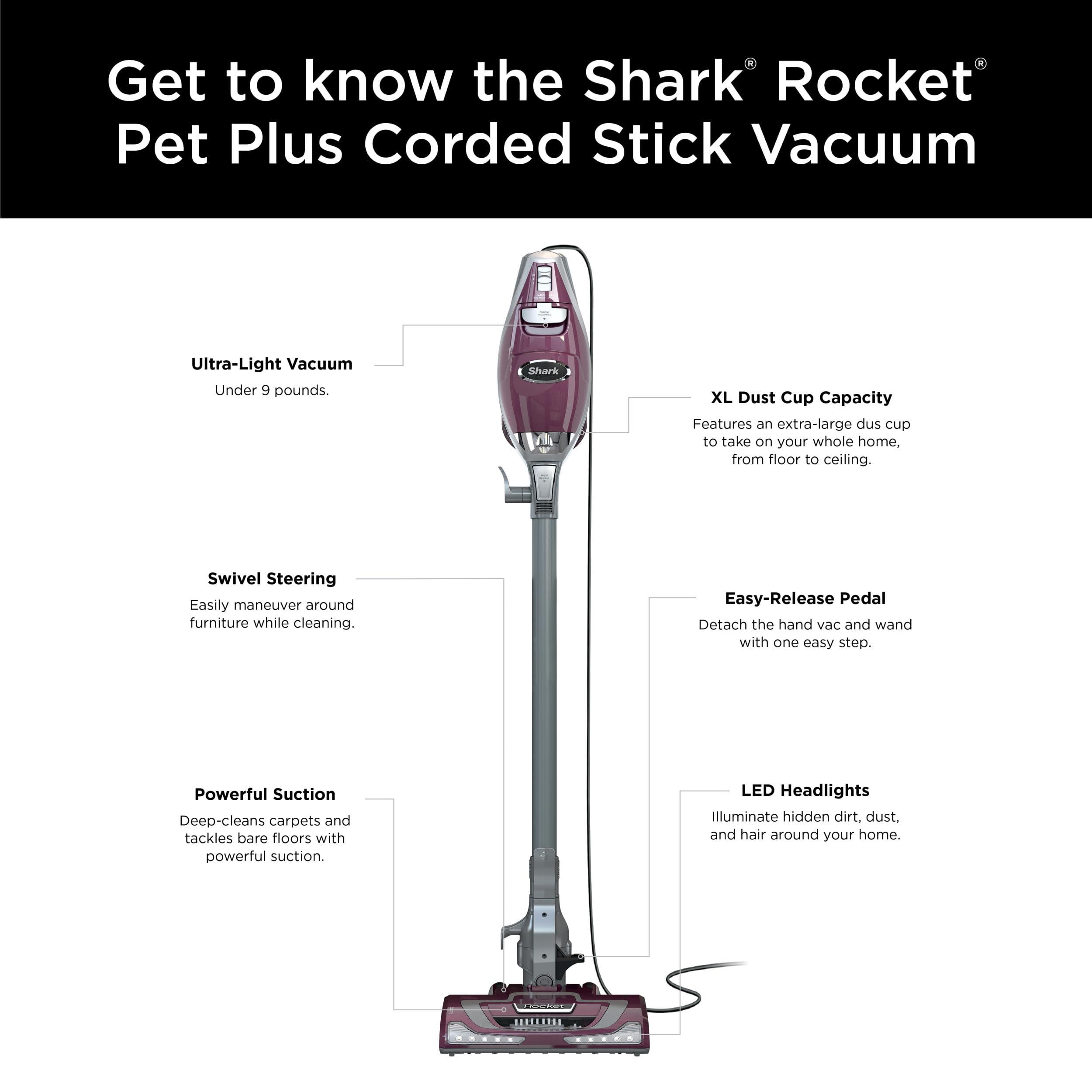 Shark HV322 Rocket Deluxe Pro Corded Stick Vacuum with LED Headlights, XL Dust Cup, Lightweight, Perfect for Pet Hair Pickup, Converts to a Hand Vacuum, with Pet Attachments, Bordeaux/Silver - Image 9