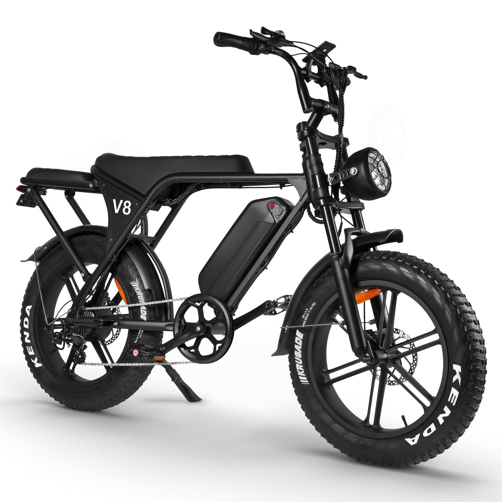 Hipatoo V8 Electric Bike for Adults, 20'' Fat Tire E Bike with 750W Motor 48V 15Ah Removable Battery, 7-Speed Gears, 2 Seater E-Bike, Up to 31MPH, Ebike Moped Style for Mountains, Snow, Sand, Road