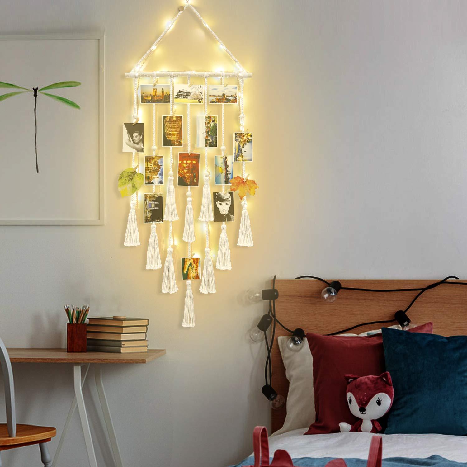 Homecor Hanging Photo Display Wall Decor, Macrame Wall Hanging Boho Room Bedroom Decor, Picture Frame Collage Board with Light 30 Clip, Christmas Teenage Teen Girl Gifts Ages 10 11 12 13 14 Years Old - Image 4