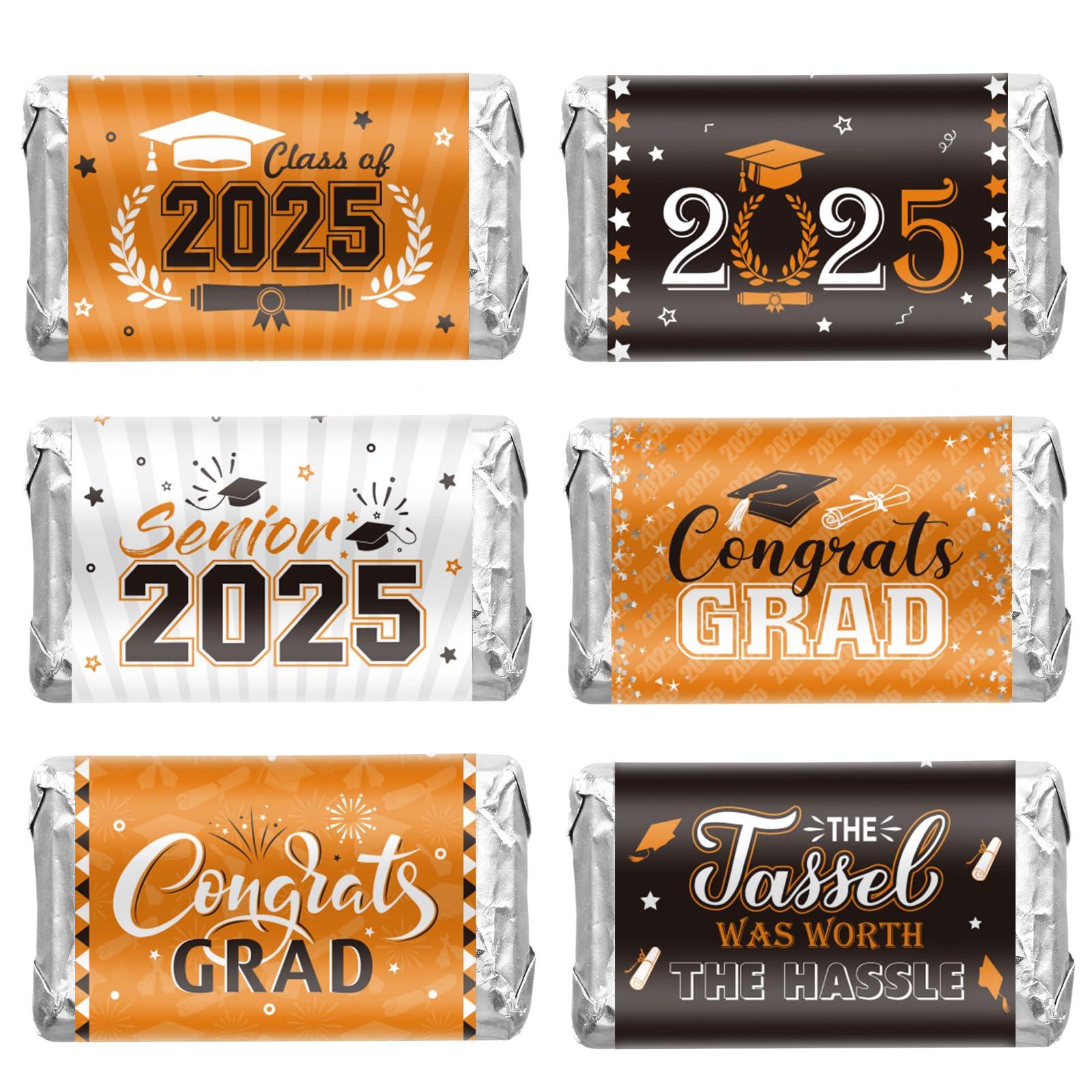 Outus 180 PCS Graduation 2025 Decoration Label Sticker - Orange Congrats Grad Mini Candy Bar Wrapper Class of 2025 Party Supplies for College High School Nursing Graduation, Candy Not Included