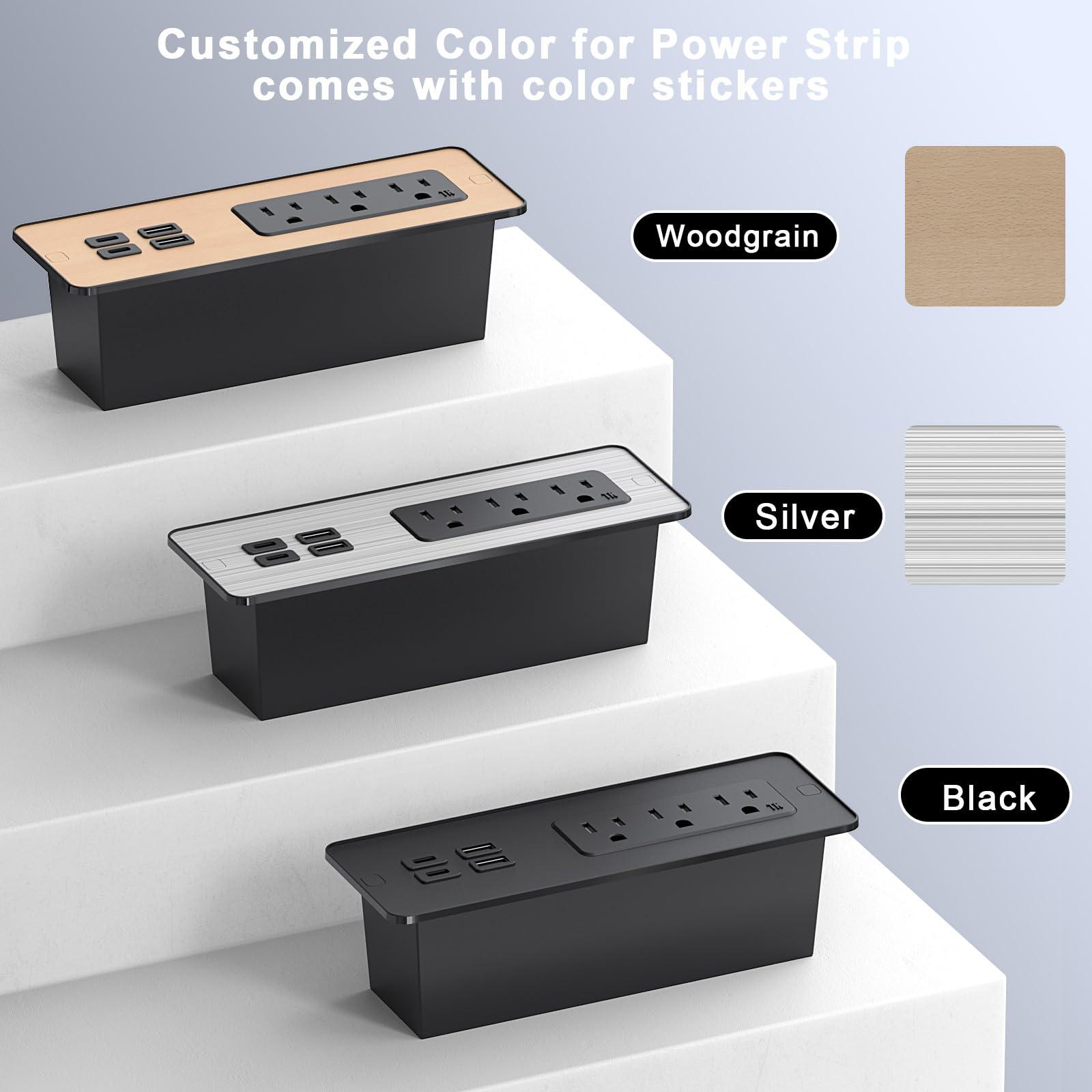 Recessed Power Strip with PD 65W USB C, Flush Mount Power Strip with 3 Outlets 4 USB Ports, Furniture Drawer Outlet with 2M Flat Plug Cable for Side Table Sofa Table, Black - Image 4