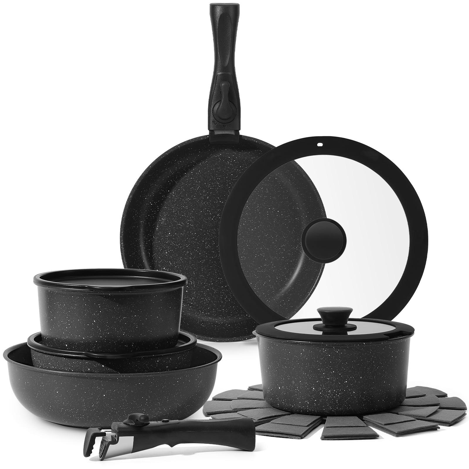 SODAY 15Pcs Pots and Pans Set Non Stick, Cookware Sets with Detachable Handle, Nonstick RV Kitchen Cooking Tools Removable Handles, Oven Safe, Induction Fast, Stackable Induction Cookware,Black