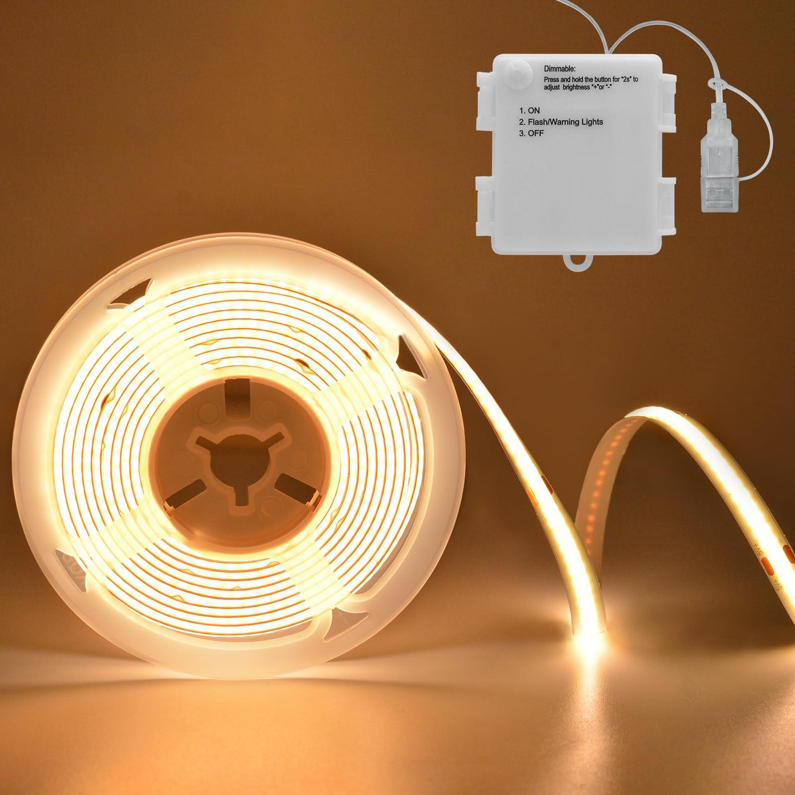 LumBelle COB LED Strip Lights Battery Powered, 6.6ft 640 LED Light Strip Dimmable Cuttable Flexible LED Tape Light for Bedroom, Dormitory, Tent, TV, Under Cabinet DIY Lighting Warm White 2700k