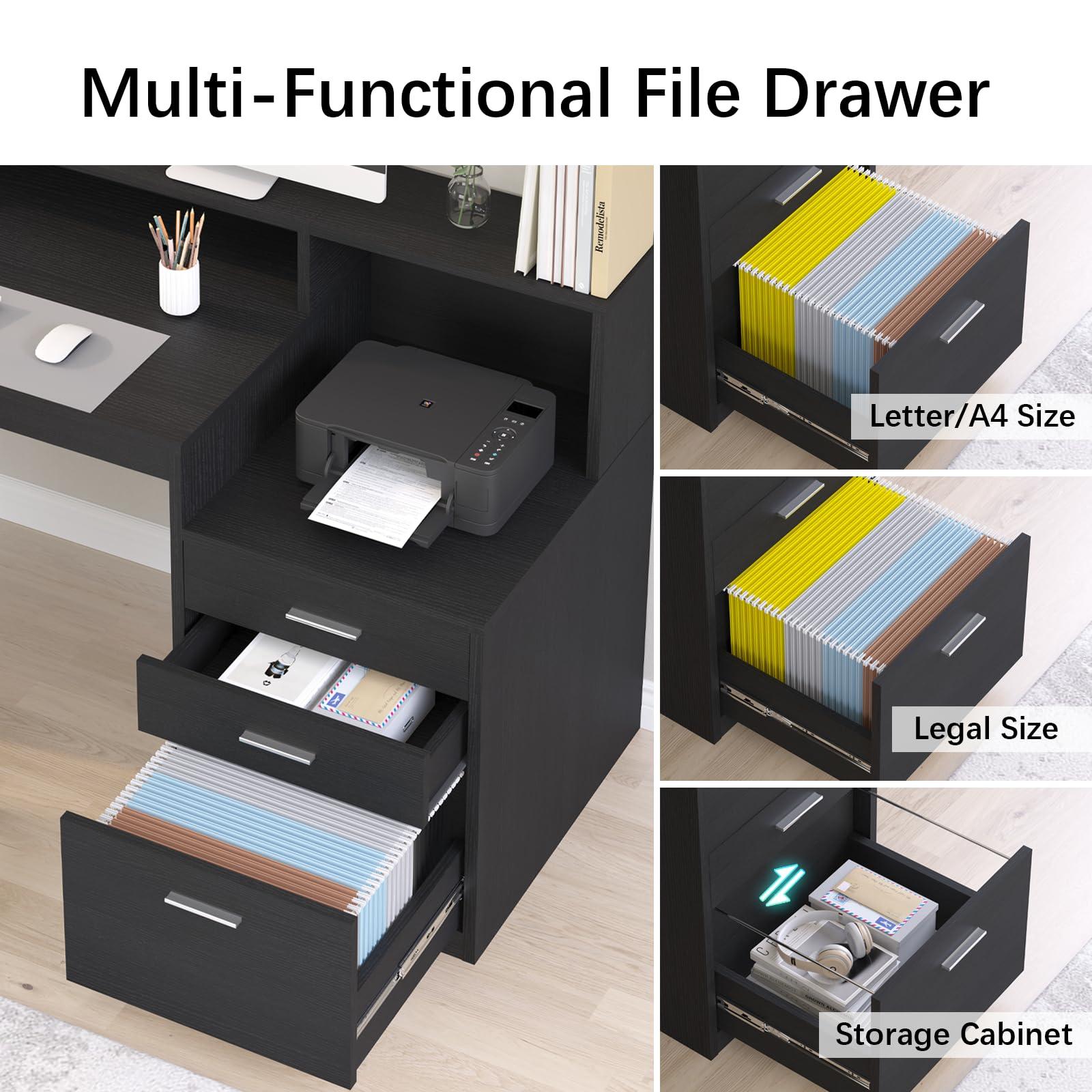 YOMILUVE Computer Desk with 3 Drawer & Storage Shelves, Home Office Desk with File Drawer & Cabinet, Writing Study Table with Long Monitor Stand & Printer Shelf, Executive Desk, Black - Image 5