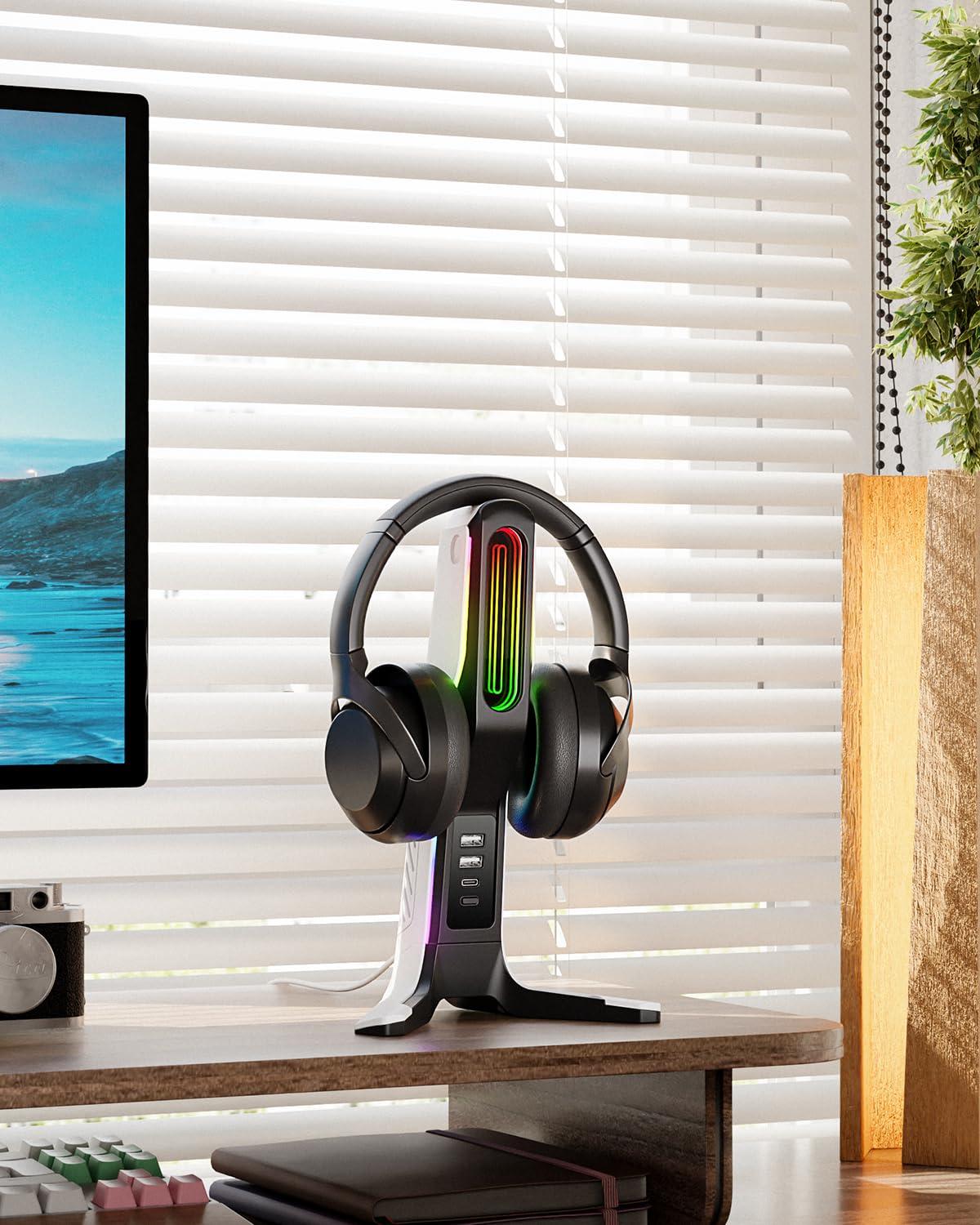 IFYOO RGB Gaming Headset Stand with 2 USB and 1 Type-C Ports, Game Headphone Mount for PC Computer, Xbox One, Xbox Series S/X, PS5, PS4, Earphone Holder Hanger, Desk Gamer Accessories, Black&White - Image 2