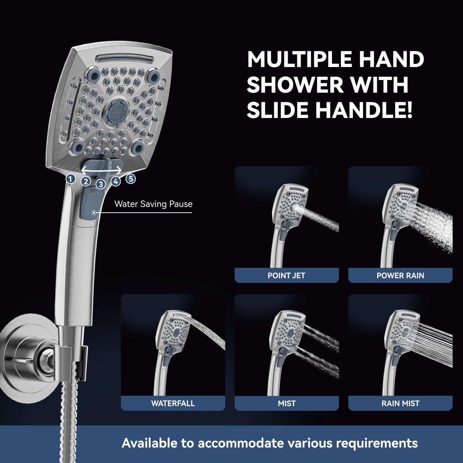 ELLO&ALLO Rain Shower Head with Handheld Spray, Rainfall Shower Head Combo with 60" Hose, Adjustable Dual Showerhead Set with 3-Way Diverter, Brushed Nickel - Image 3