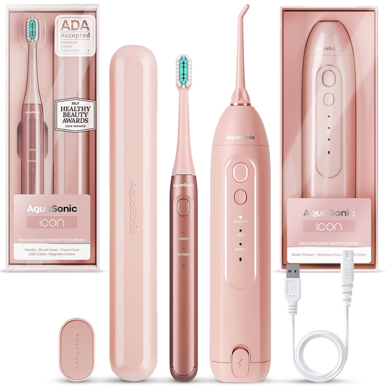 Aquasonic Icon Toothbrush & Water Flosser Bundle (Blush)