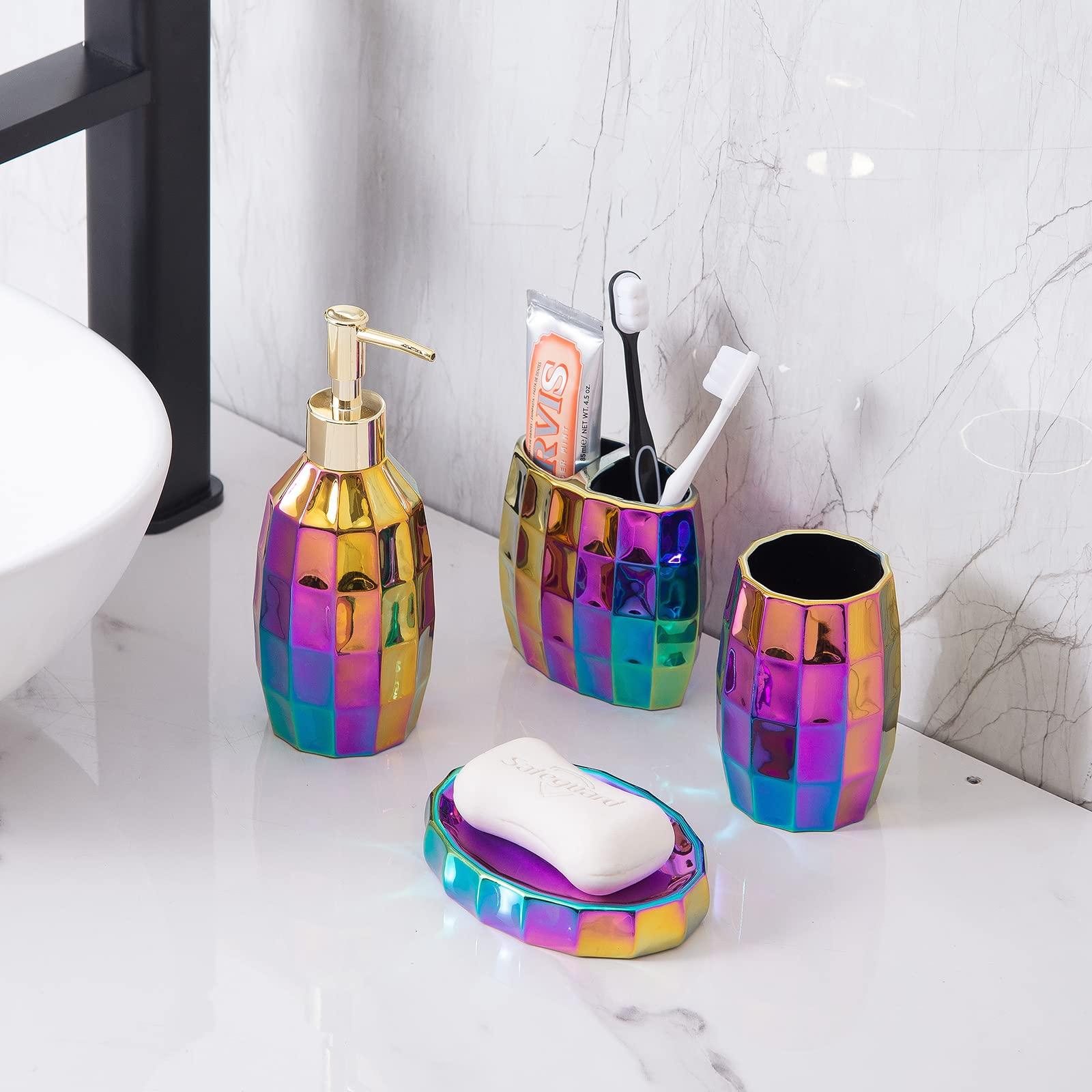 Rainbow Bathroom Accessory Set, Colorful/Gold Mosaic Ceramic Bathroom Accessories Sets Includes Lotion Dispenser, Toothbrush Holder Tumbler, and Soap Dish - Image 9