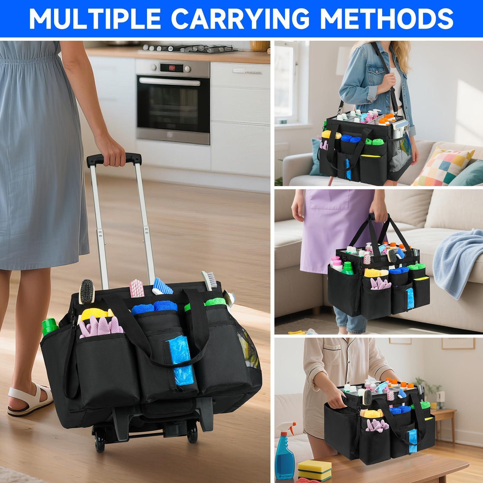 ZIOZERTT Large Rolling Cleaning Caddy Bag with Detachable Trolley,Cleaning Cart on Wheels with Shoulder Strap,Cleaning Supplies Organizer for Housekeepers,Black - Image 6