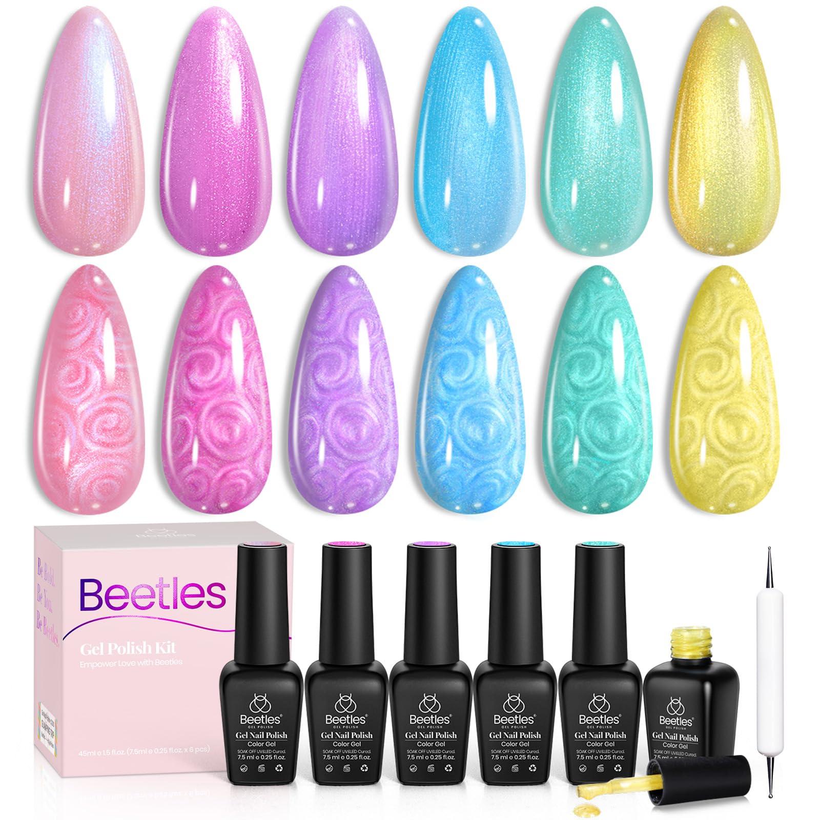 Beetles Summer Gel Nail Polish, 6 Colors Pink Blue Yellow Green Purple Shimmer Pearl Gel Polish Soak Off Uv Mermaid Nail Drawing Polish Swirl Shell Thread Effect DIY Manicure Gift for Women - Image 9