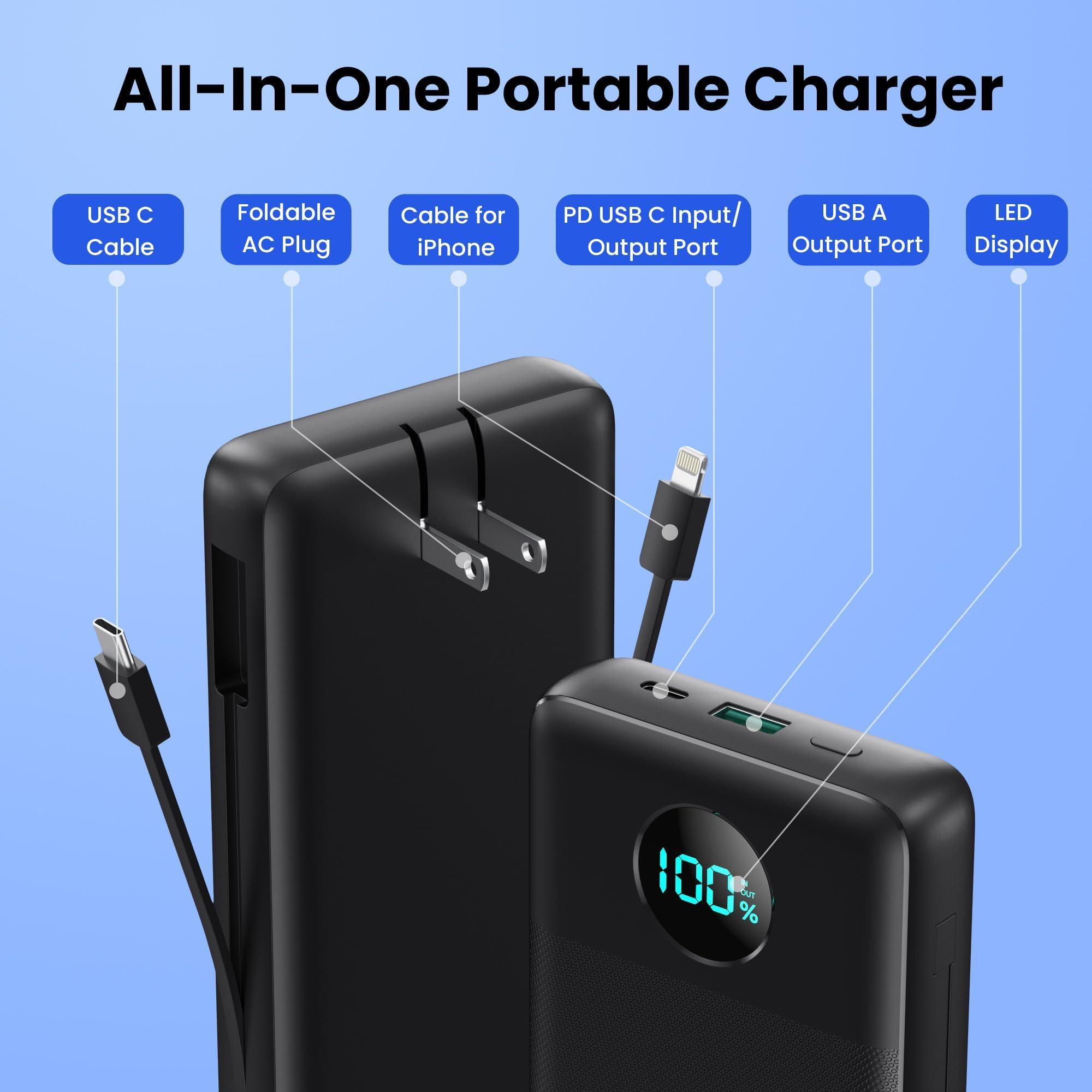 Portable Charger USB C Power Bank with 2 Built in Cables & AC Wall Plug,13800mAh Portable Battery Pack Fast Charging Compact LED Display Universal Compatible with iPhone 16/15,Galaxy S23,Tablets etc - Image 7