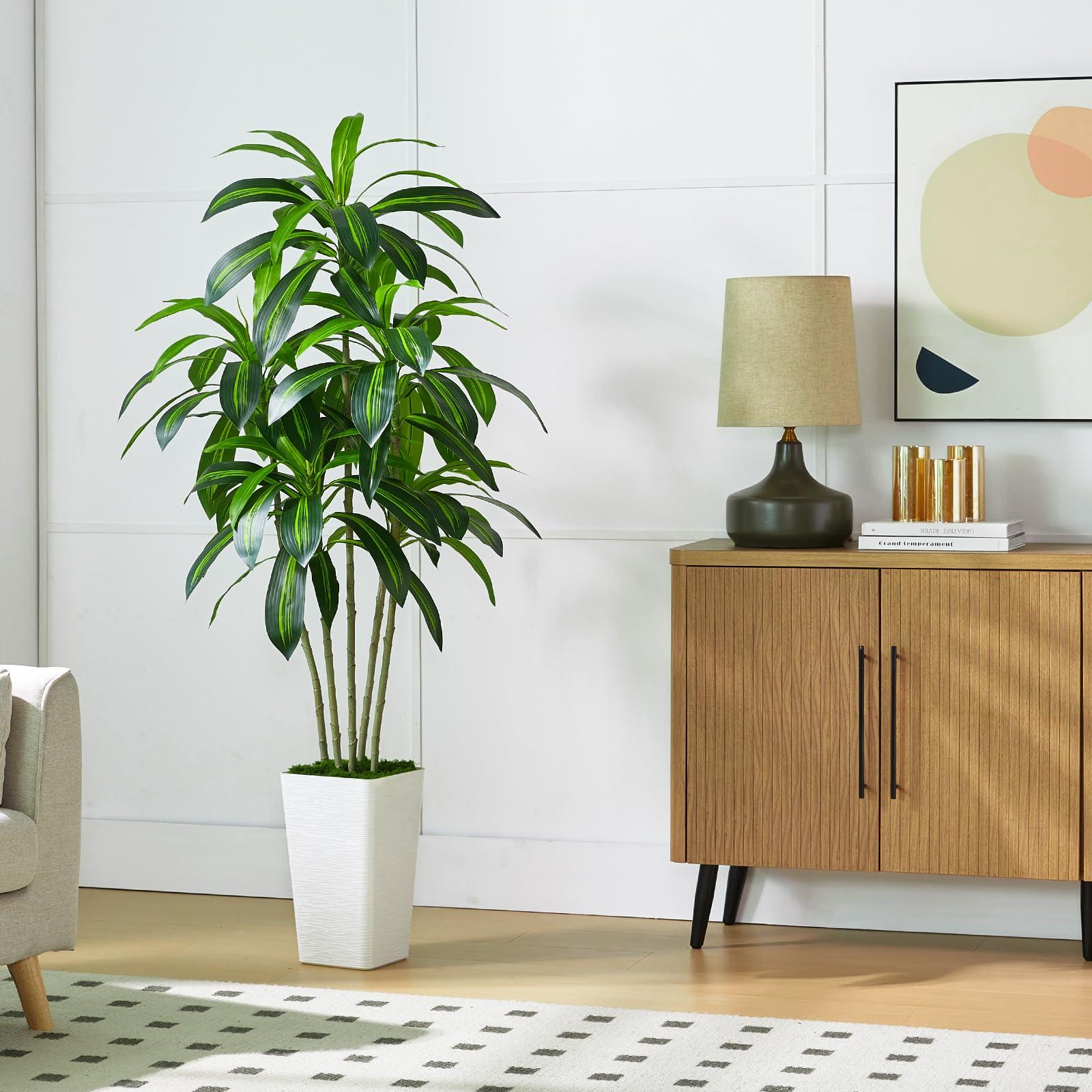 Artificial Dracaena Tree Artificial Silk Tree Faux Tree with White Tall Planter Fake Tropical Yucca Floor Plant (1, White Tall Planter, 5 FT) - Image 5