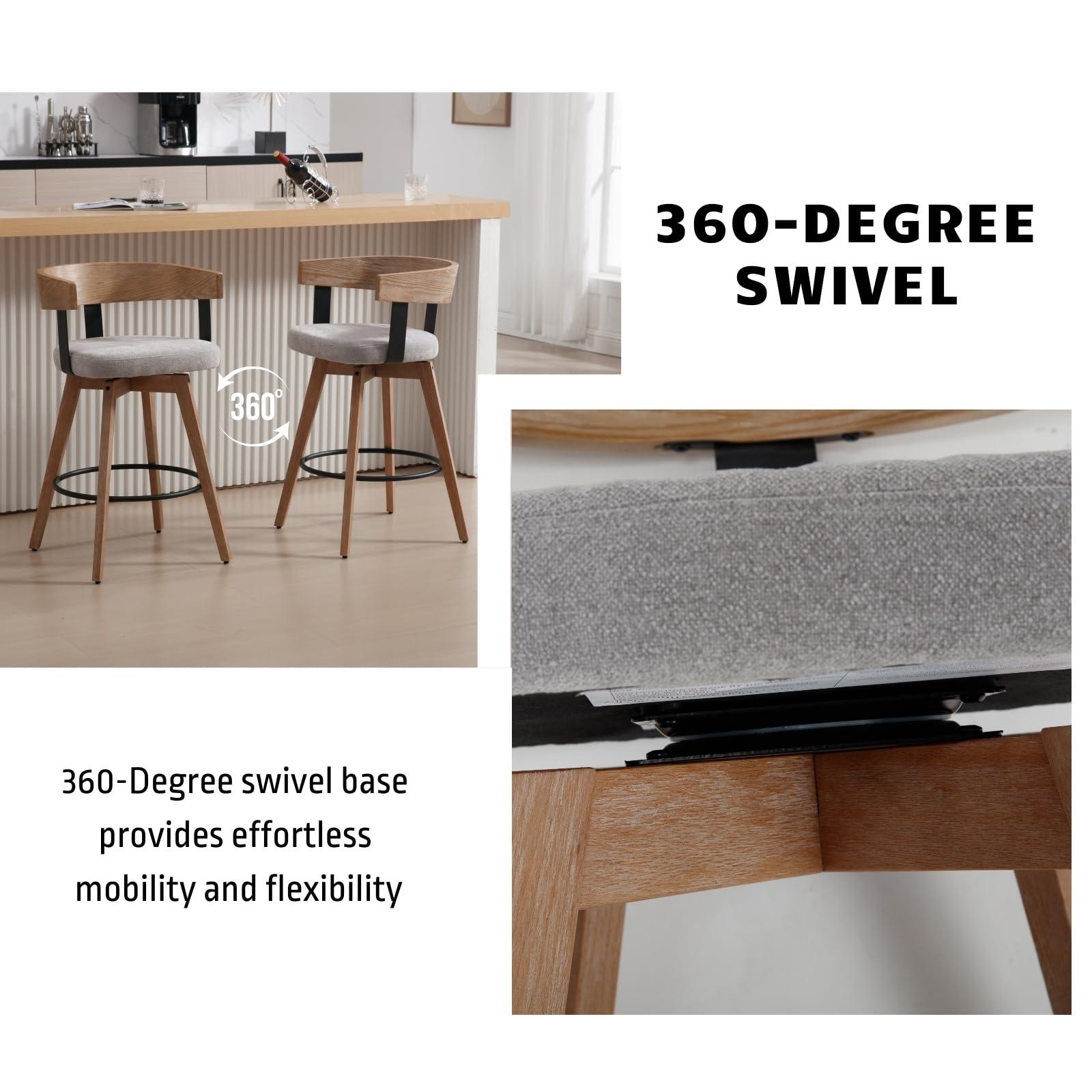DUOMAY Modern Grey Linen Upholstered 360-Degree Swivel Bar Stool Set of 3 - 26" Counter Height with Footrest & Backrest - Ideal for Kitchen Island & Home Bar - Image 5