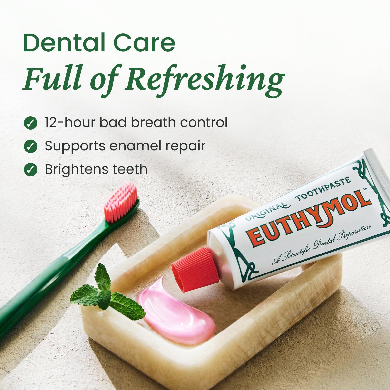 EUTHYMOL Original Pink Toothpaste (3.7fl oz/Pack of 1) - Fluoride-Free Toothpaste for Sensitive Teeth & Gum. Bad Breath, Cavity Prevention, 12-Hour Long Lasting Freshness with Wintergreen - Image 4