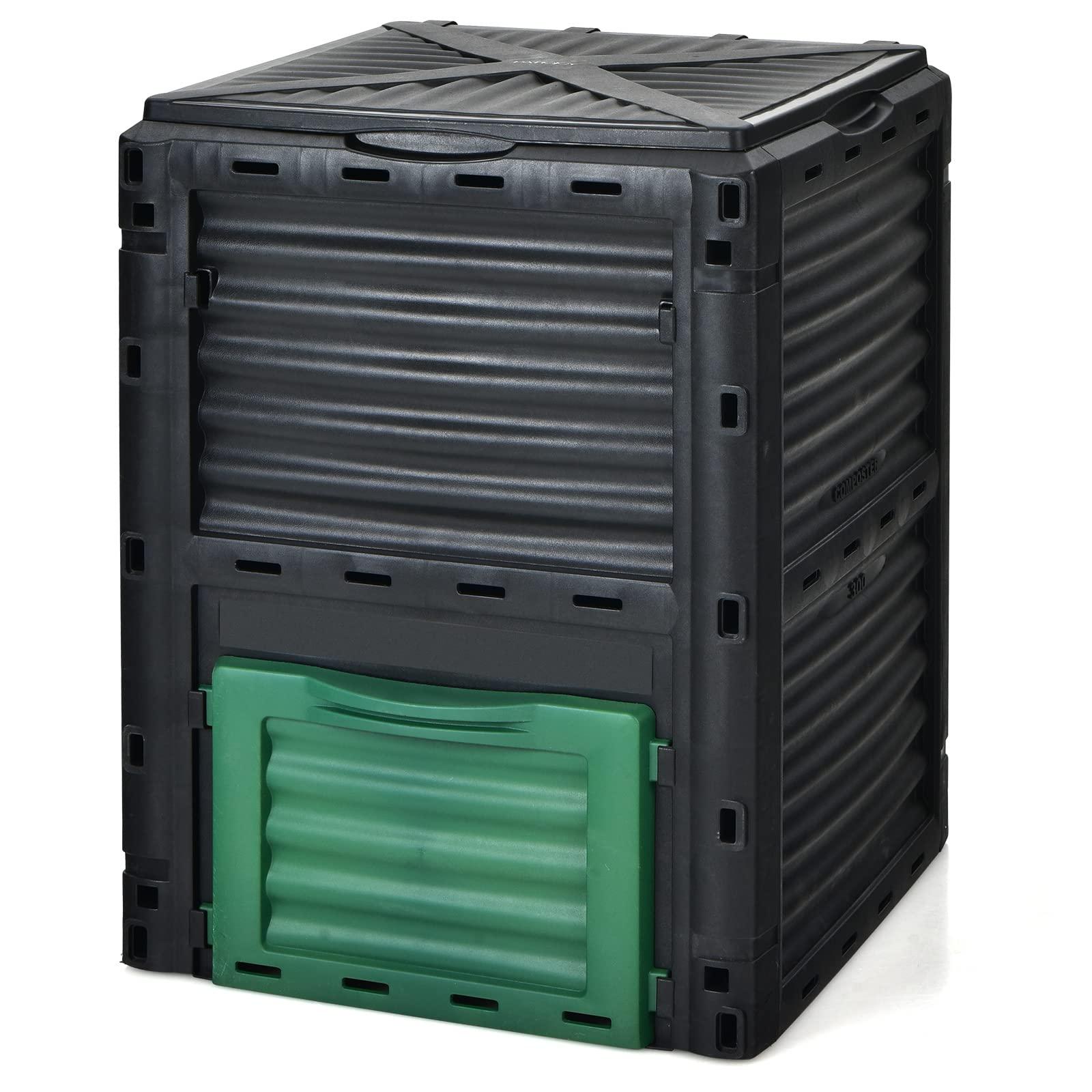 Goplus Compost Bin, 80 Gallon (300 L) Large Outdoor Composting Box w/Top Flip Latch-on Lid, Bottom Exit Door, BPA Free Material, Grass Food Trash Composter Barrel for Garden Yard, Easy Assembly