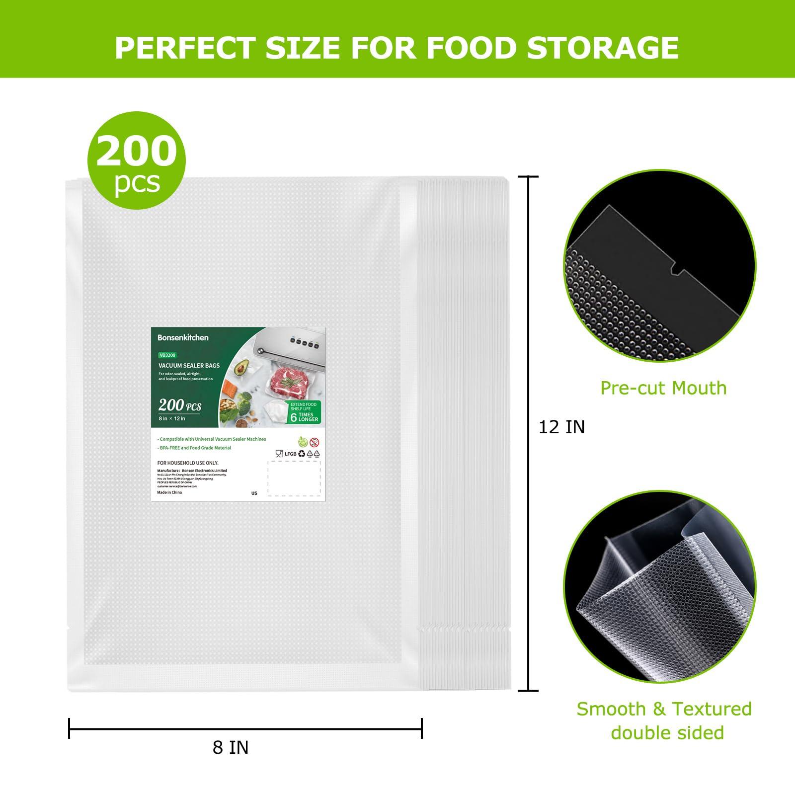 Bonsenkitchen Precut Vacuum Sealer Bags 200 Quart 8" x 12", BPA Free, Commercial Grade Textured Food Vacuum Sealer Bag, Thick Embossed Bags for Storage and Sous Vide Cooking VB3208 - Image 2