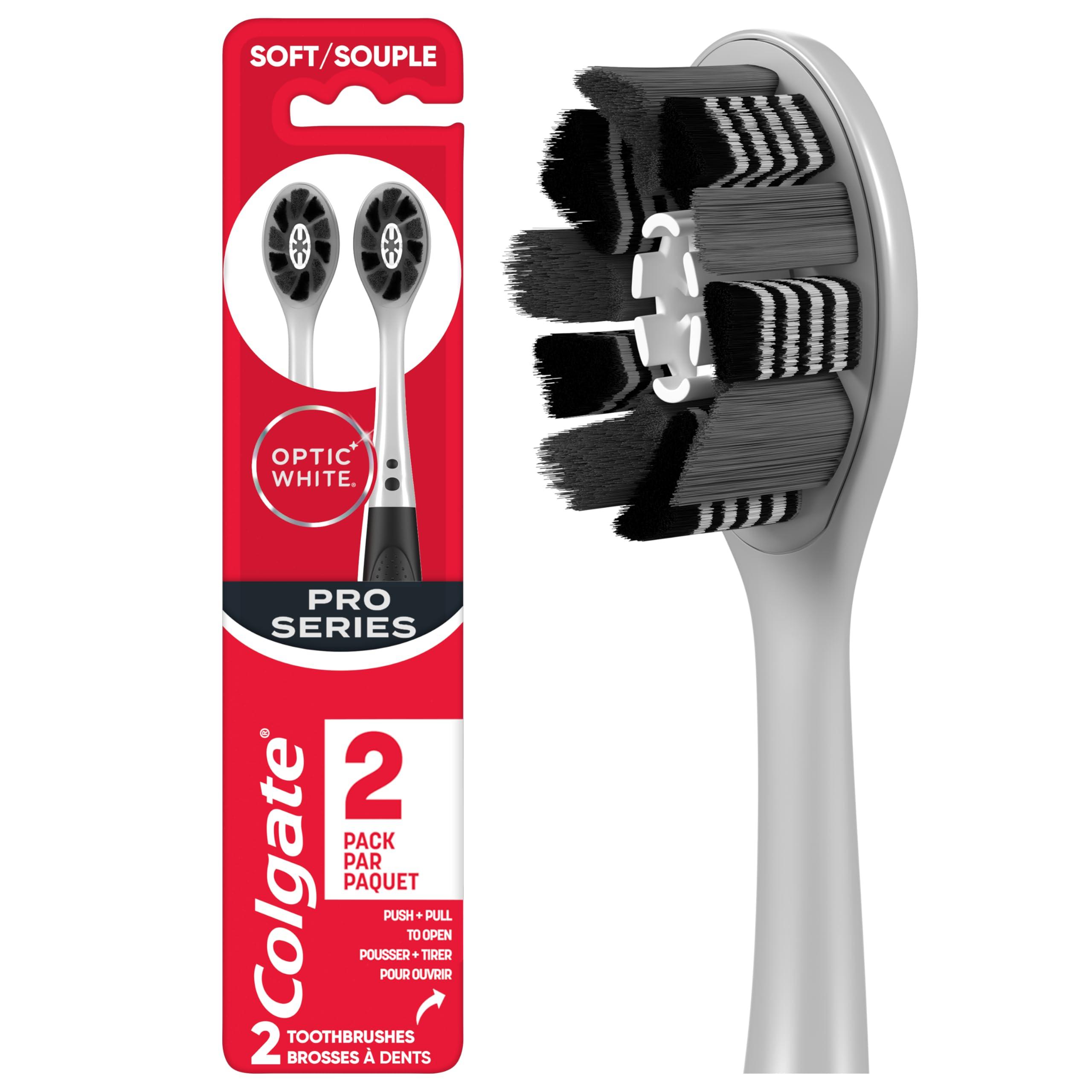 Colgate Optic White Pro Series Whitening Charcoal Toothbrush for Stain Removal, Soft Bristles, 2 Pack
