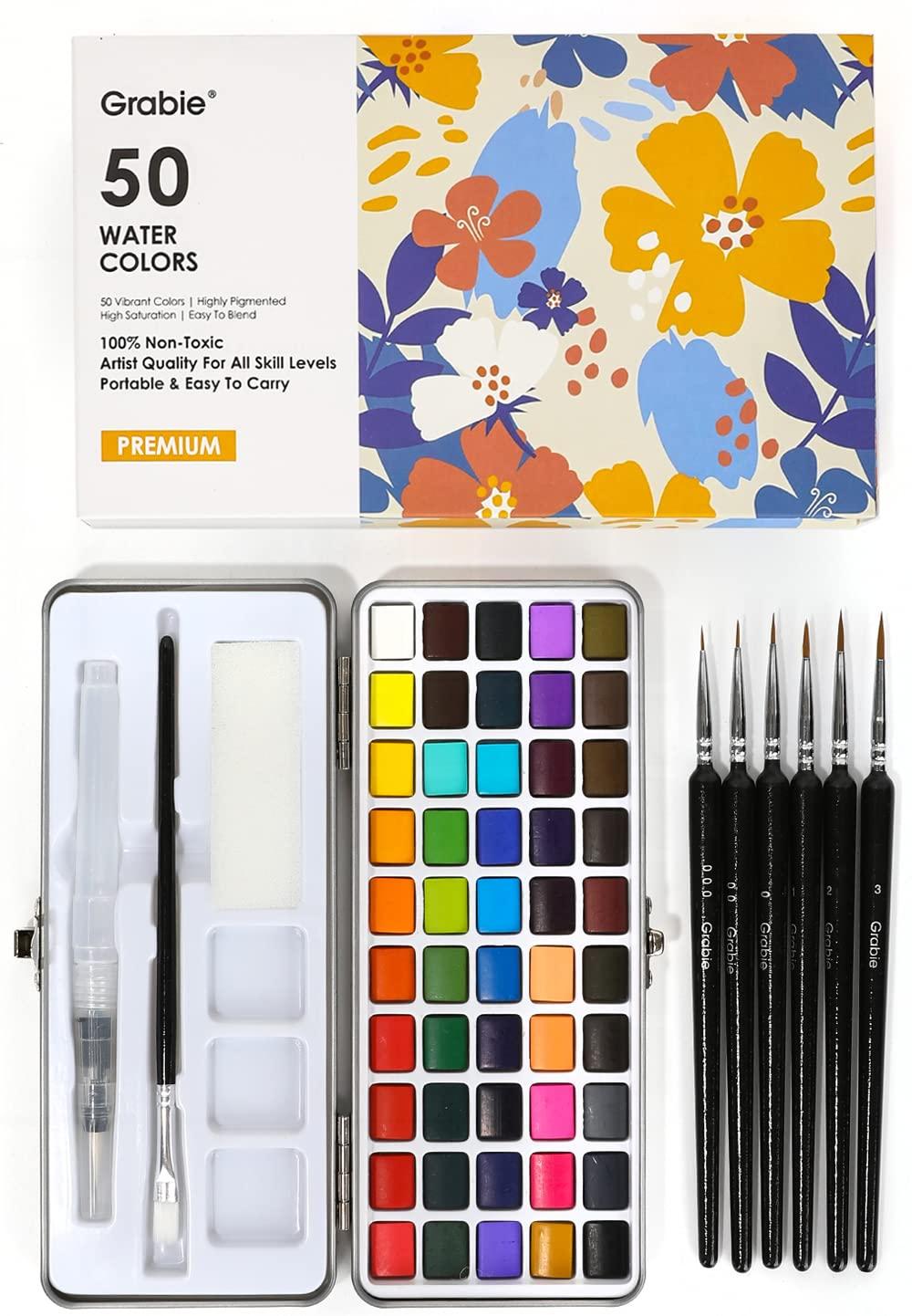 Grabie Watercolor Paint Set, Great for Painting, 50 Colors, Detail Paint Brush Included, Art Supplies, for Artists, Amateur Hobbyists and Painting Lovers