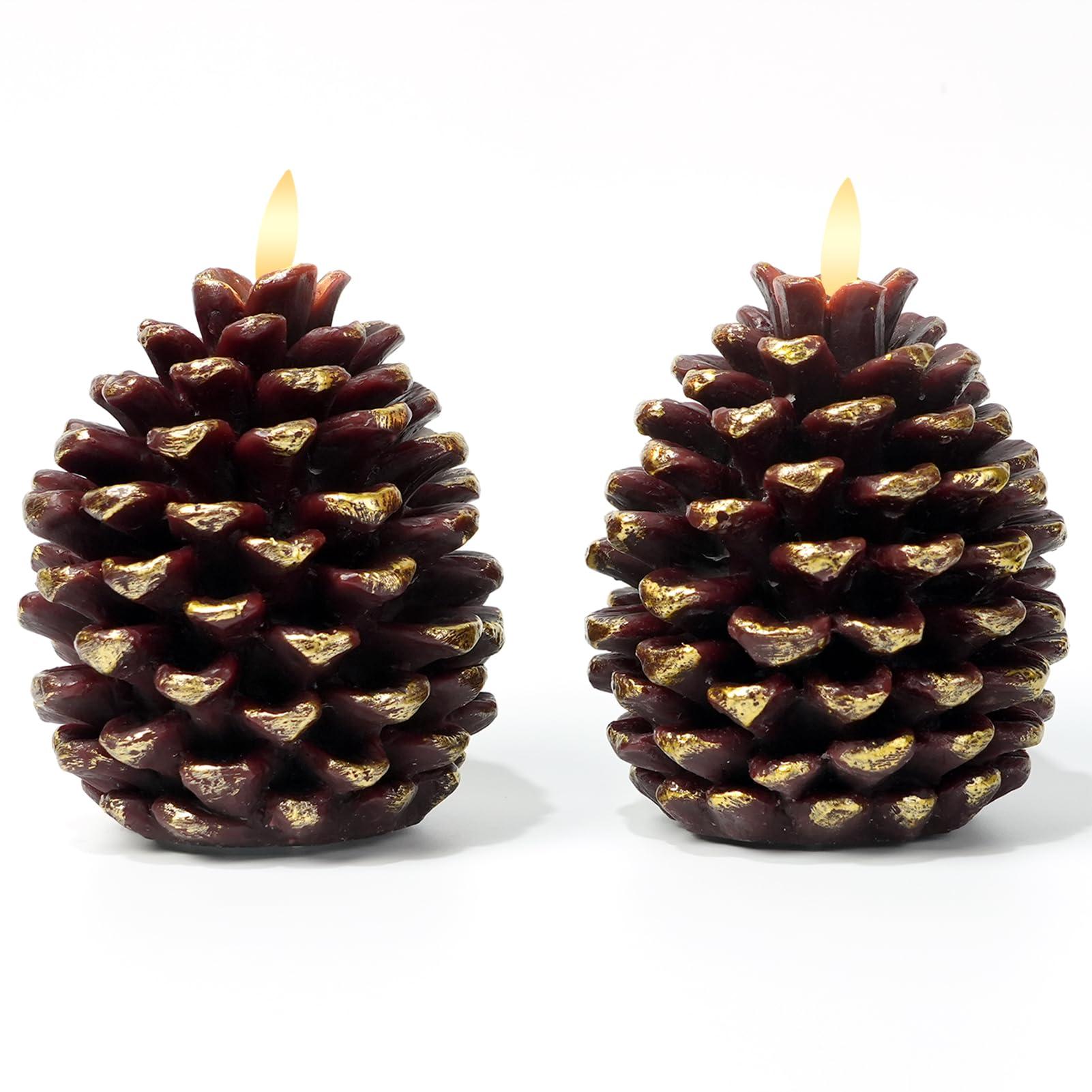 Modiglo LED Pine Cone Candles, Battery Operated Flameless Candles with Timer Unscented Wax Pinecone Candles Brown 2 Pack for Christmas Home Party Decoration(D3.9 x H5.9 Inch)
