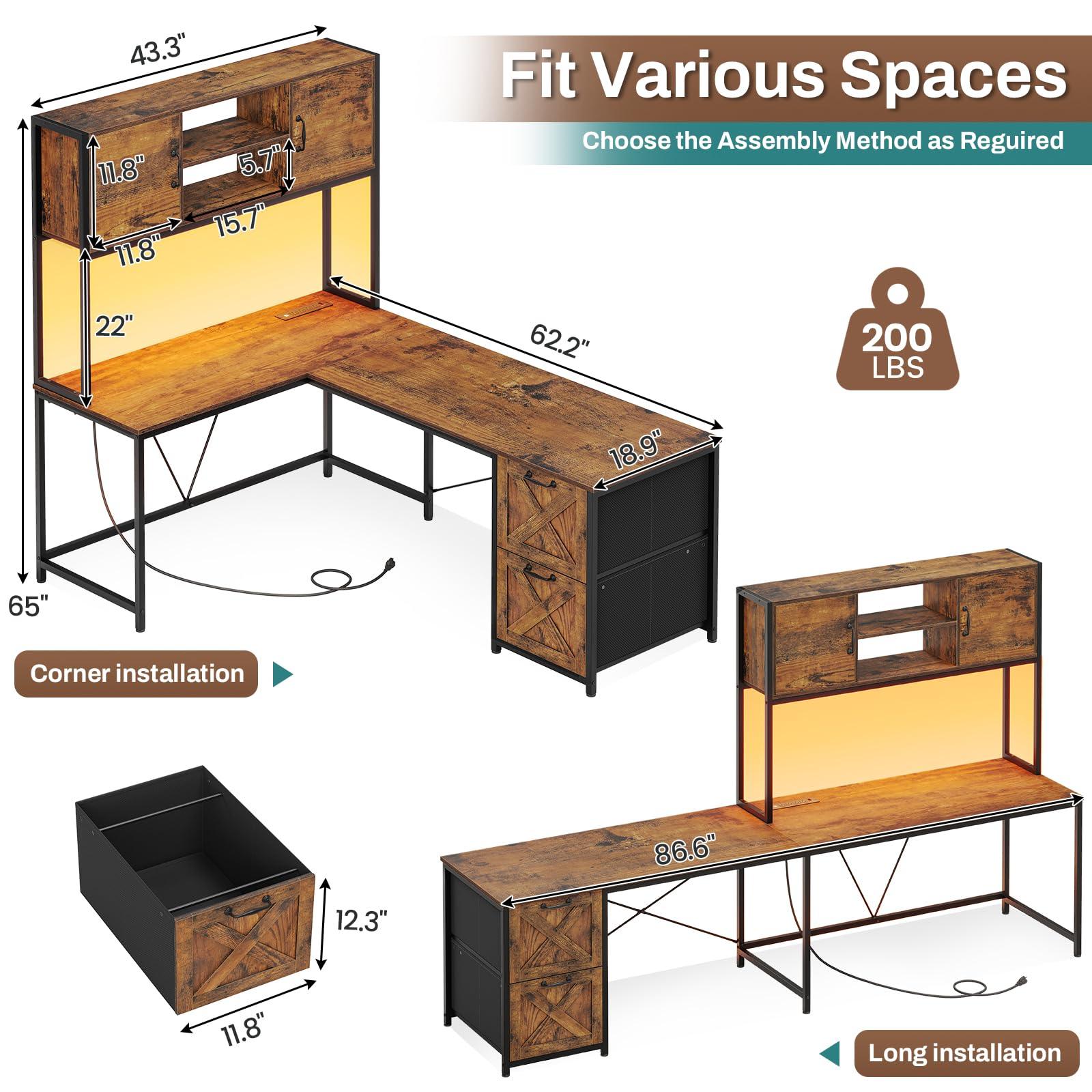 SEDETA L Shaped Desk with Drawers, 62.2" Home Office Desk with Fabric File Drawers and Power Outlet, L Shaped Desk with Hutch, Storage Shelves, LED Lights, Rustic Brown - Image 2
