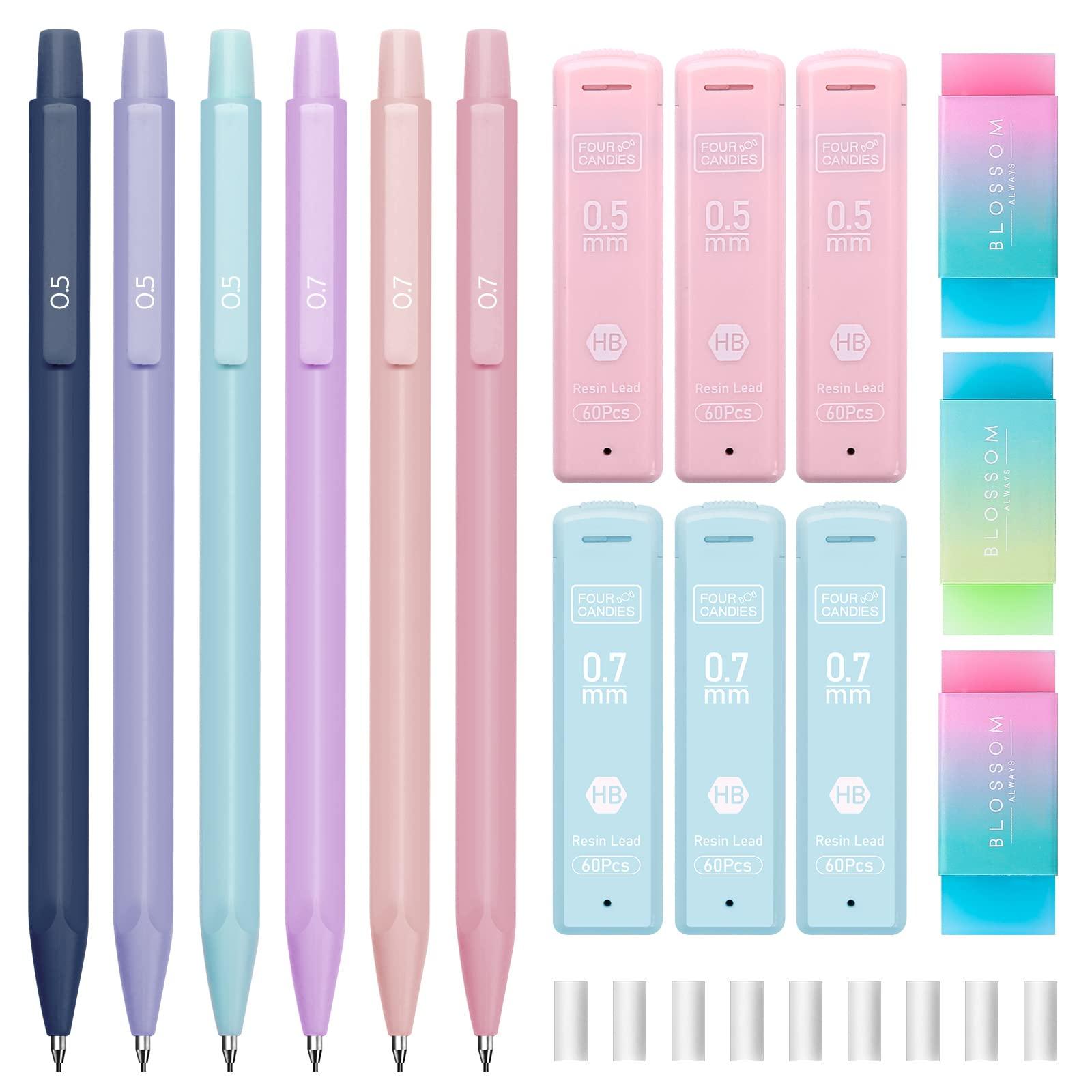 Four Candies Cute Mechanical Pencil Set, 6PCS 0.5 & 0.7mm Pencils with 360PCS HB Leads, 3PCS Erasers and 9PCS Eraser Refills, Aesthetic Back to School Supplies for Girls Writing, Drawing - Image 9
