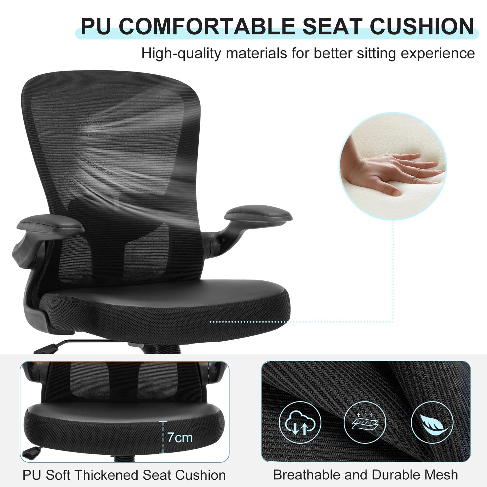 HOMIFYCO Office Chair, Ergonomic Desk Chair with Flip-up Armrests, PU Leather Computer Chair Home Office Desk Chairs with Lumbar Support, Mesh Swivel Executive Chair Rolling Task Chair, Black - Image 7