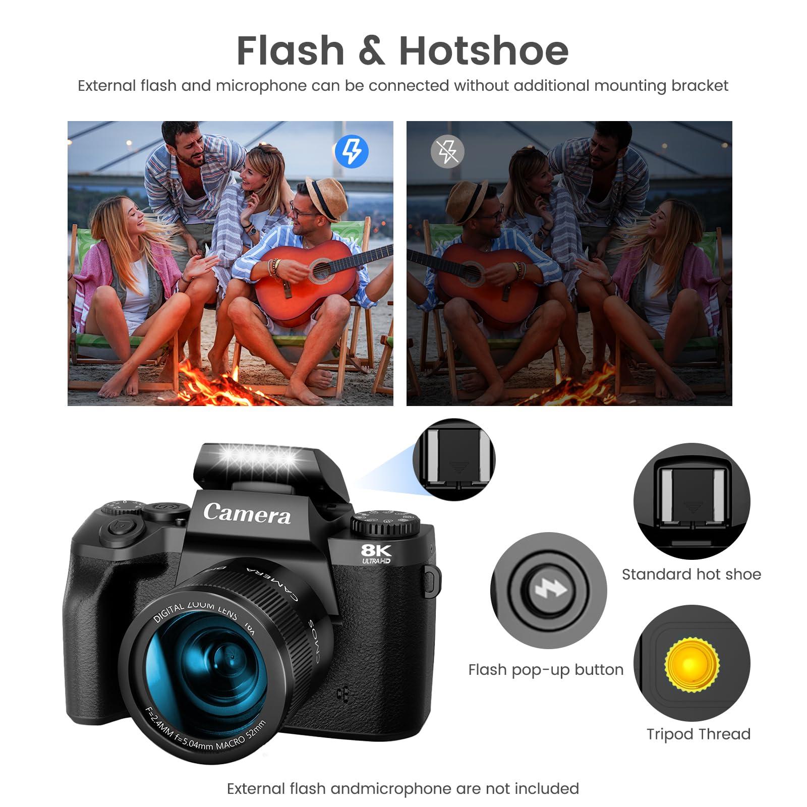 8K Digital Camera for Photography, Vlogging Camera for YouTube with Autofocus, 4 Inch Touchscreen 16X Digital Zoom Video Camera with 3000mAh Battery, Dual-Lens, Lens Hood, 32GB TF Card and Flash,Black - Image 7