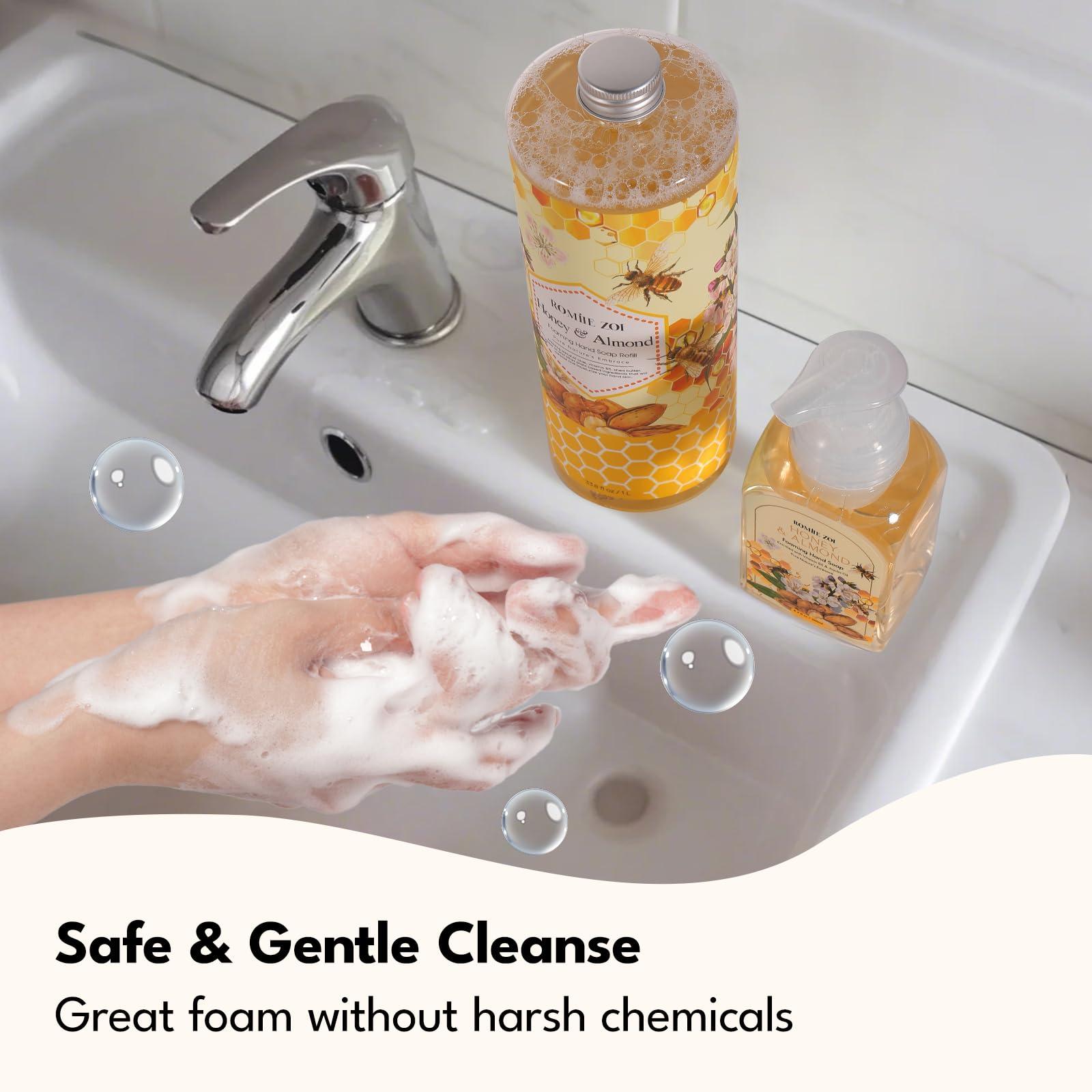Natural Honey & Almond Scented Foaming Hand Soap Refill Gift Set - 3 Pack with Dispenser, Non-Toxic and Biodegradable Formula, Moisturizing Essential Oils for Sensitive Skin (33.8 Fl Oz x 3) - Image 5