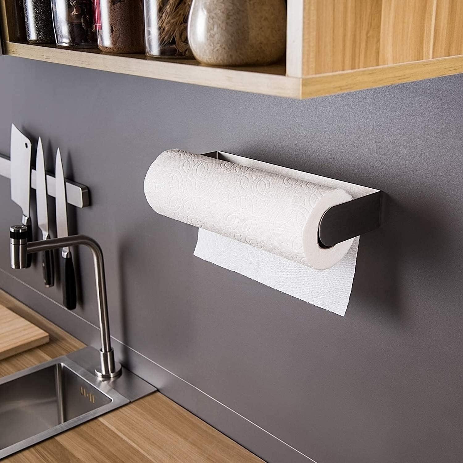 YIGII Paper Towel Holder Under Cabinet - Self Adhesive Paper Towel Rack Wall Mount for Kitchen, SUS-304 Stainless Steel Brushed - Image 4