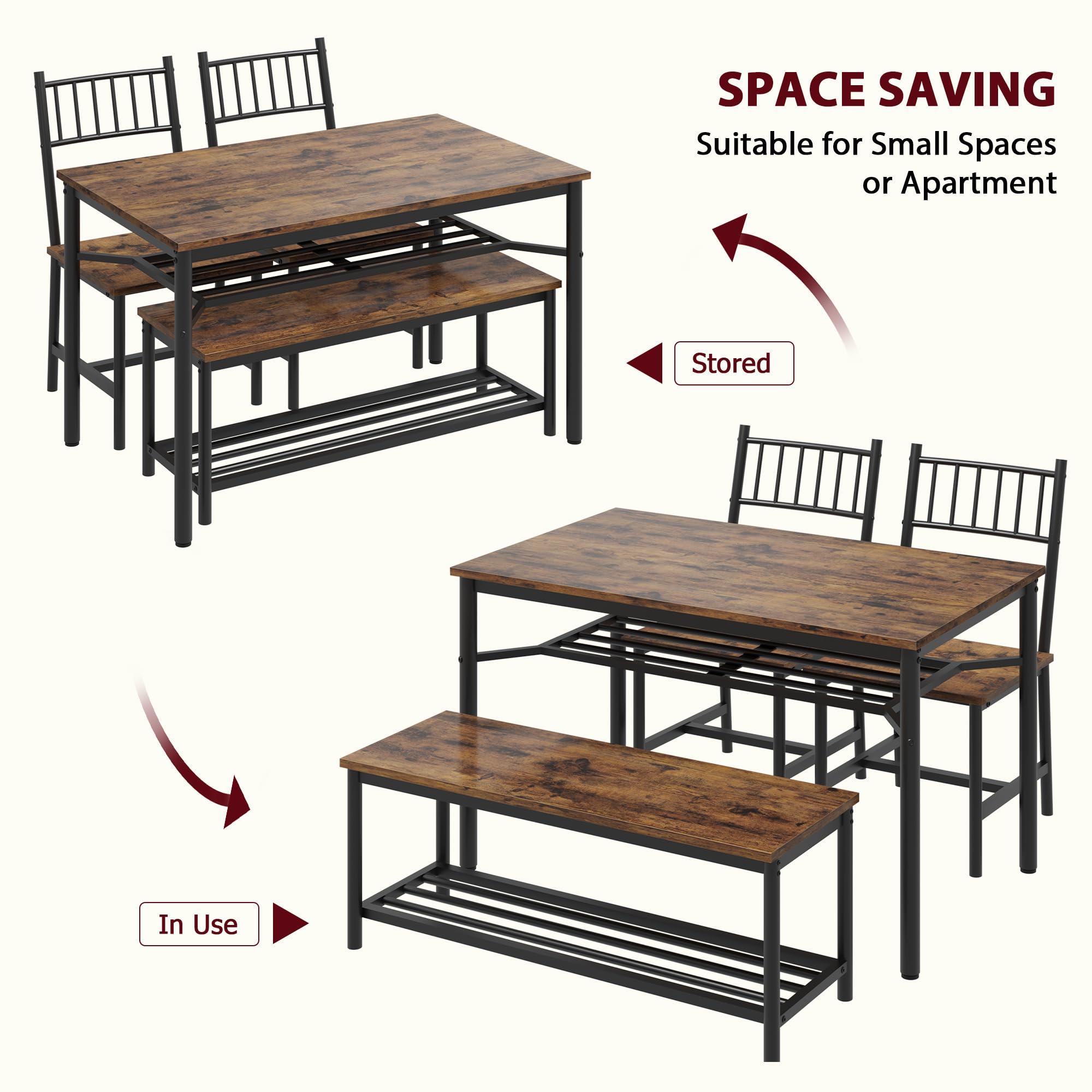 Fancihabor Dining Table Set for 4, Kitchen Table and Chairs for 4 with Wine Rack, Rectangular Dining Room Table Set with Bench, 4 Piece Dining Table Set for Small Space, Apartment, Retro Brown - Image 7