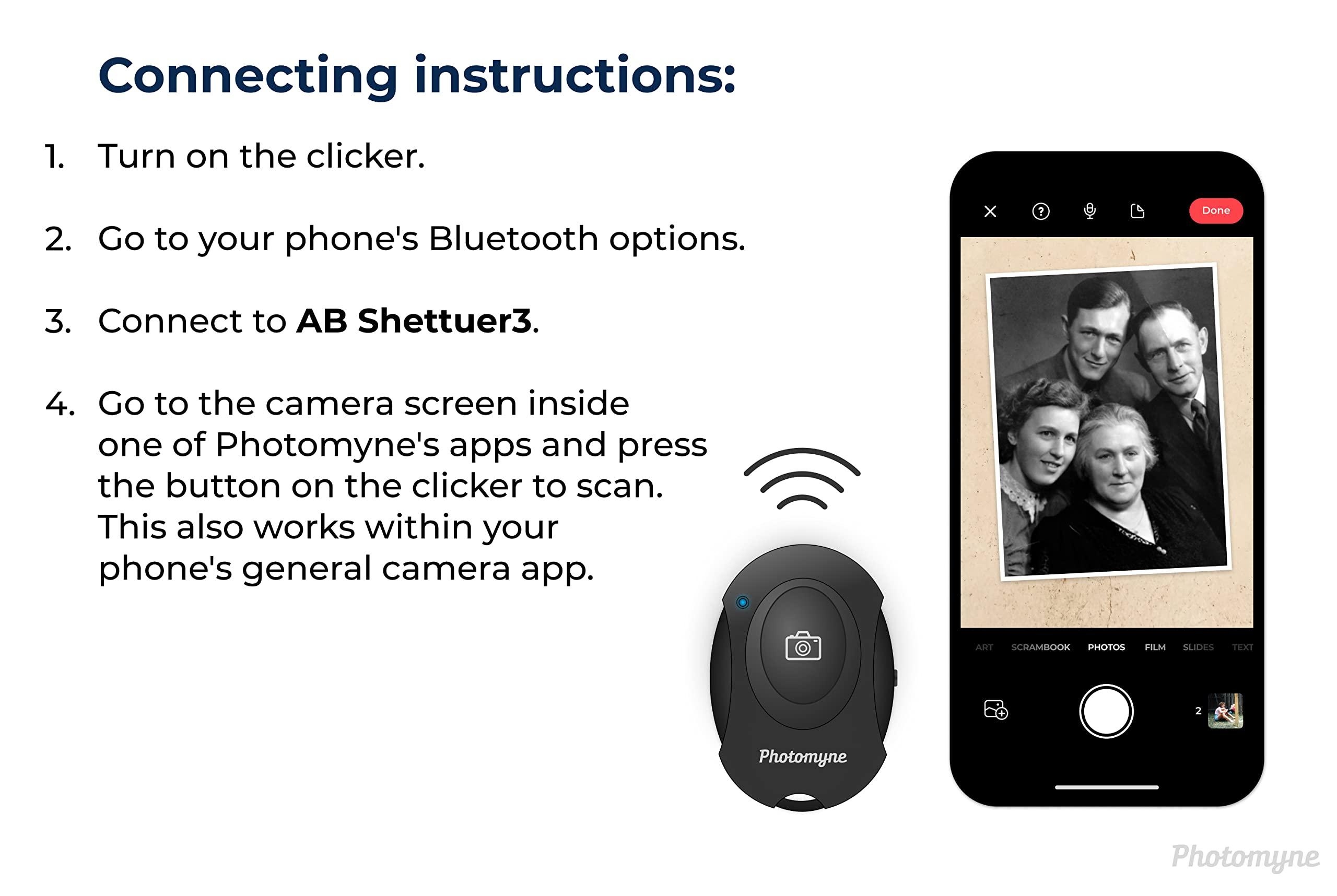 Photomyne Wireless Camera Shutter Clicker | Camera Shutter Remote Control for iPhone & Android Smartphones | Wireless Remote Control Selfie Button - Includes Wrist Strap (1 Pack) - Image 4