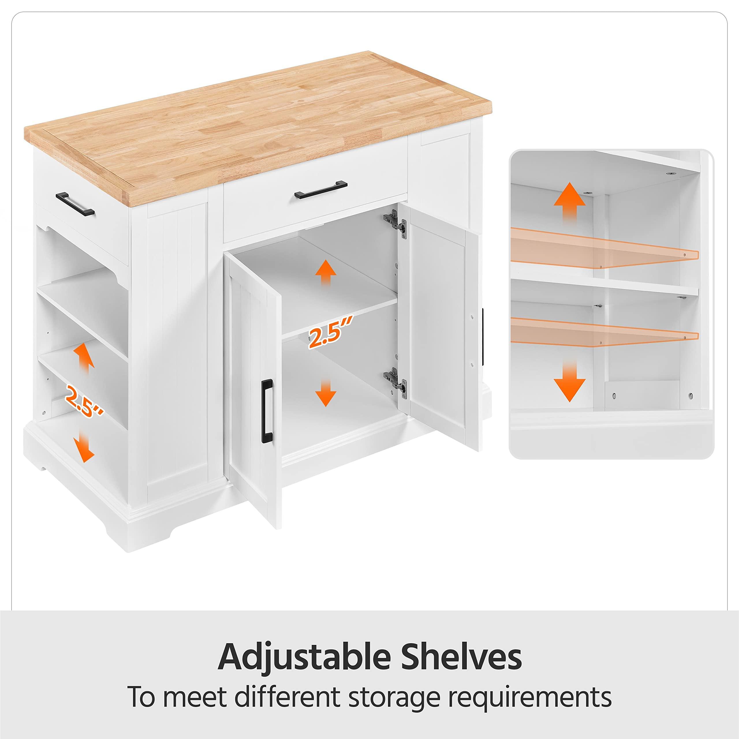 Yaheetech Rolling Kitchen Island Cart with 3 Drawers, Kitchen Storage Cabinet on Wheels with Open Shelves and Inner Adjustable Shelves for Dining Room/Living Room, Thicker Rubberwood Top, White - Image 7