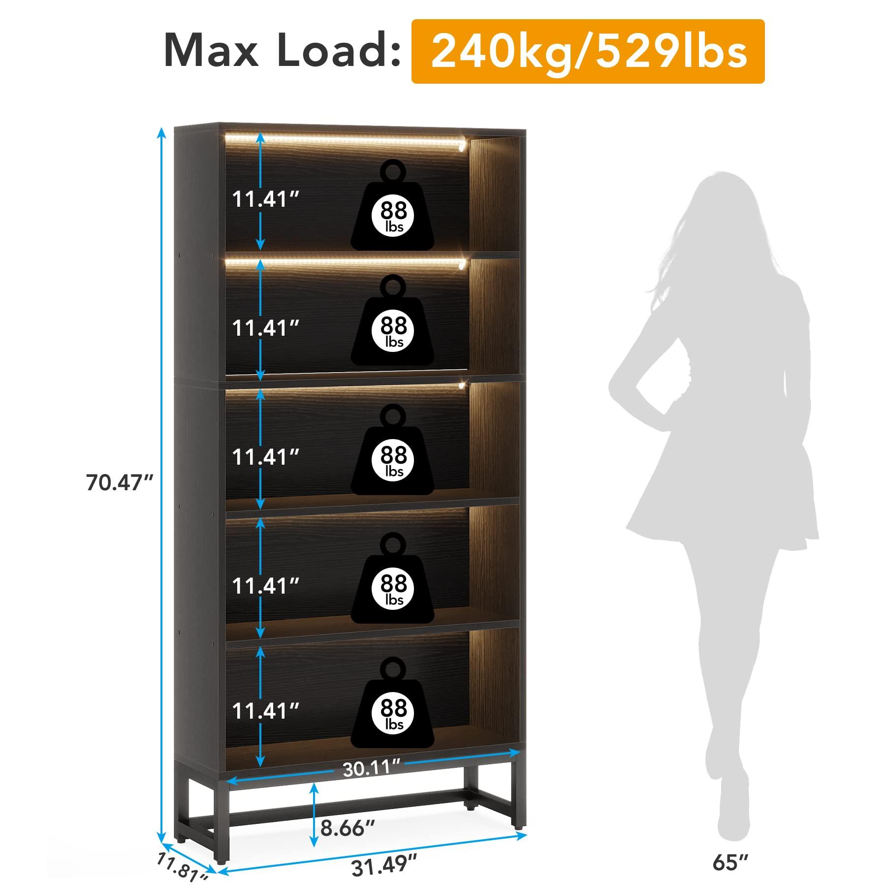 Tribesigns Tall Bookcase Black Bookshelf, 70.8” Large Bookcases Organizer with LED Lights, Heavy Duty Free-Standing Library Bookshelf with 5-Tier Storage Shelves for Living Room, Bedroom (Black) - Image 2