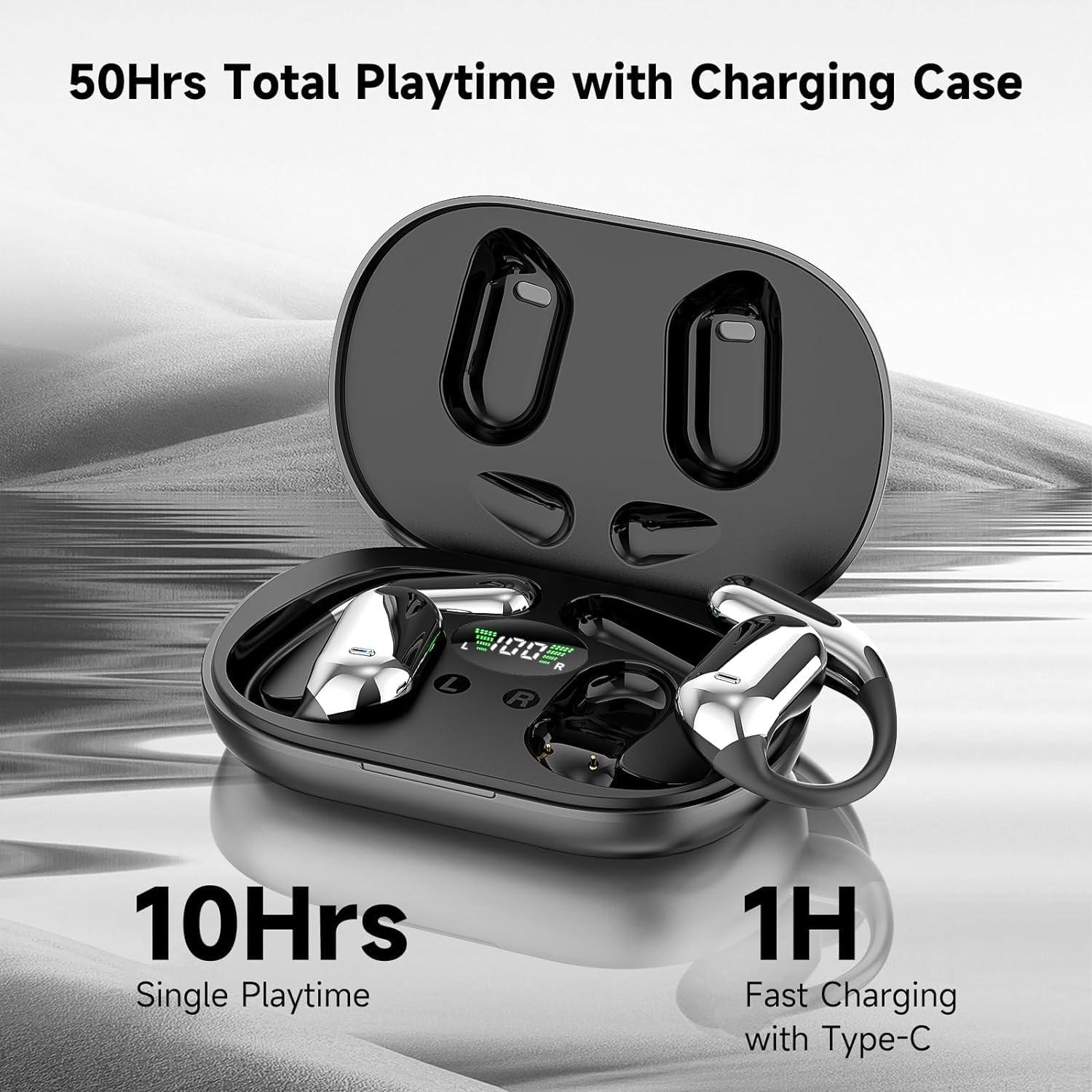 Open Ear Bone Conduction Bluetooth 5.4 Headphones,Wireless Earbuds Built-in Mic Sport Over Earphones with Comfort Ear Hooks LED Display Charging Case,Waterproof IPX7 Headset for Running Fitness,Black1 - Image 3