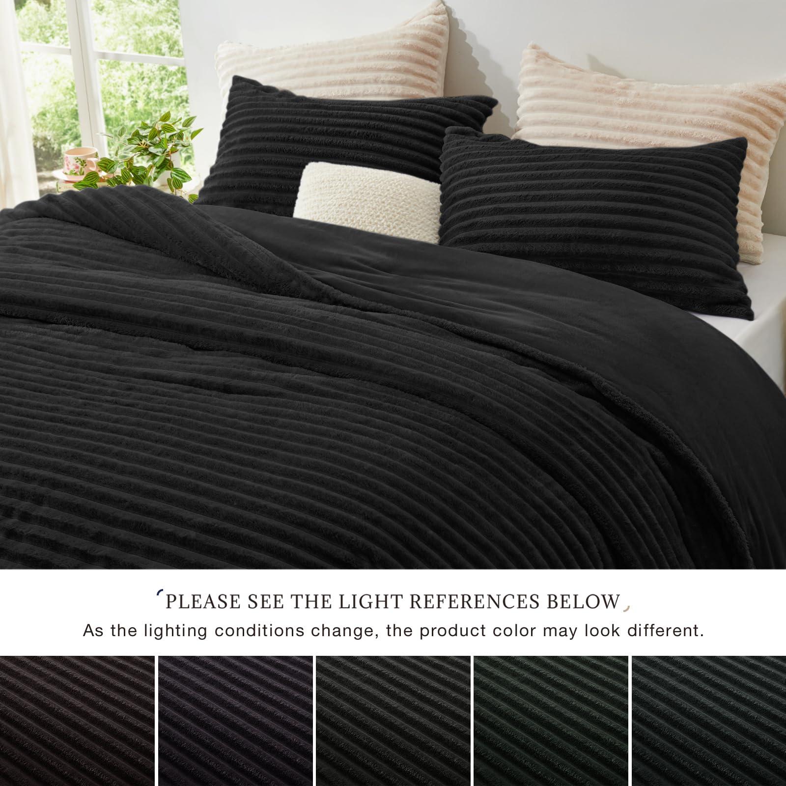 EXQ Home Fluffy Comforter Set Queen Size - Super Soft Faux Fur Stripe Jacquard Comforter 3 Pieces, Black Fleece Bedding Set,Winter Warm Bed Set,1 Comforter with 2 Pillowcases - Image 8