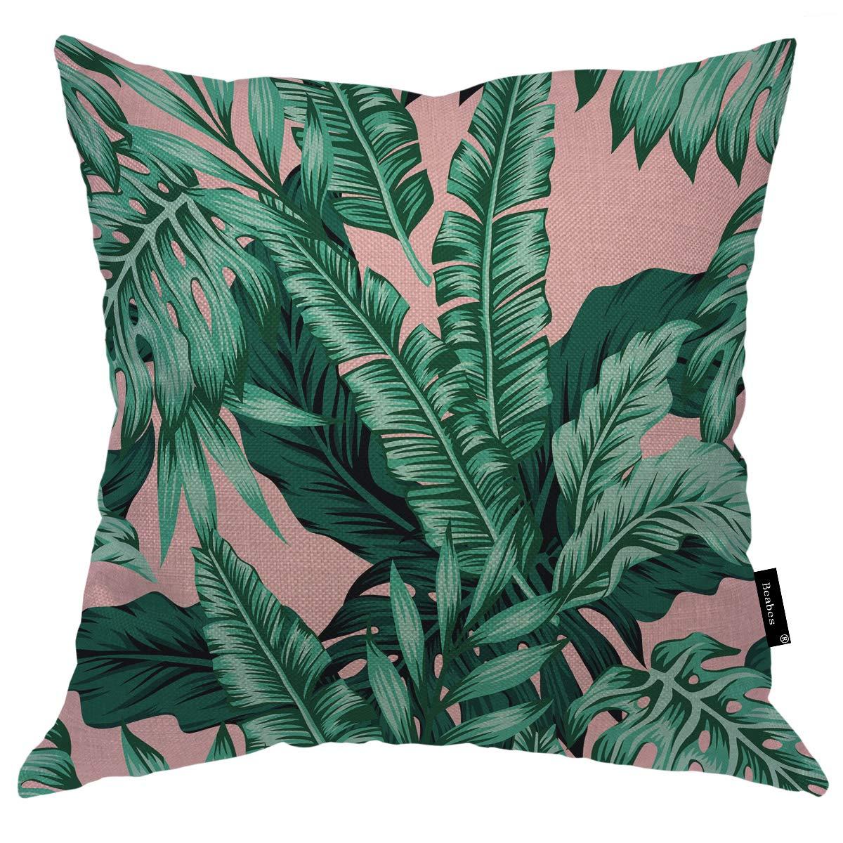 Beabes Tropical Green Palm Leaf Throw Pillow Cover Exotic Forest Tree Jungle Beach Banana Floral Pink Warm Cushion Case Cotton Linen for Home Office Sofa Chair Bedroom 18x18 Inch