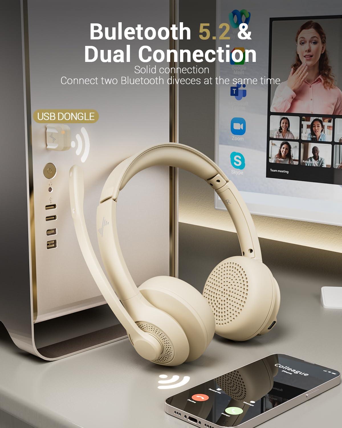 JIAMQISHI Wireless Headset with AI Noise Cancelling Microphone Bluetooth Headset - Bluetooth V5.2 Headphones with USB Dongle & Mic Mute for Computer/Laptop/PC/iPhone/Android/Cell Phones/Zoom-Apricot - Image 2