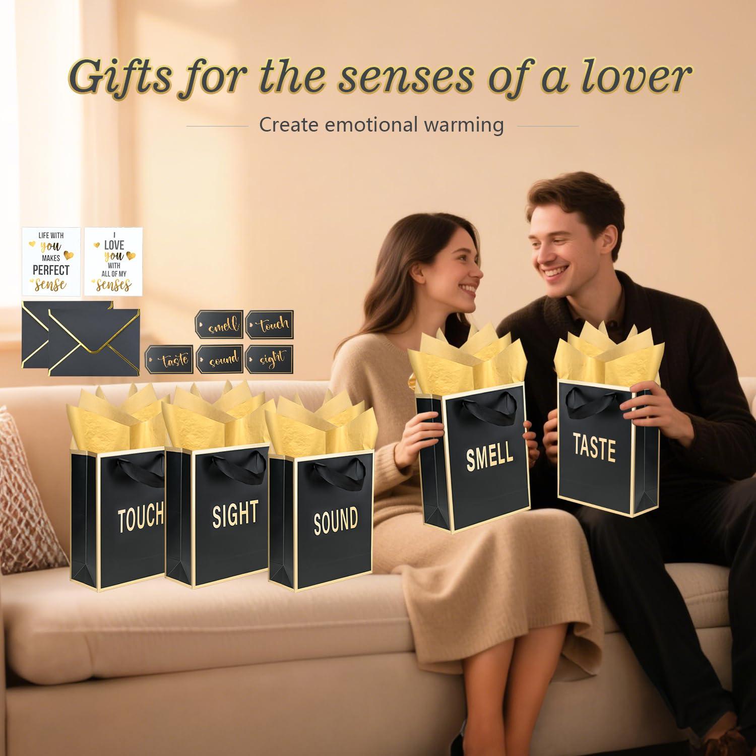 Gold Foil 5 Senses Gift Bags for Him Her with Labels Envelopes and Cards, Sight Smell Touch Taste Sound Gift Bags with Tissue Handle for Birthday, Anniversary, Mother's Day, Valentine's Day(9x7x3.15inch) - Image 6