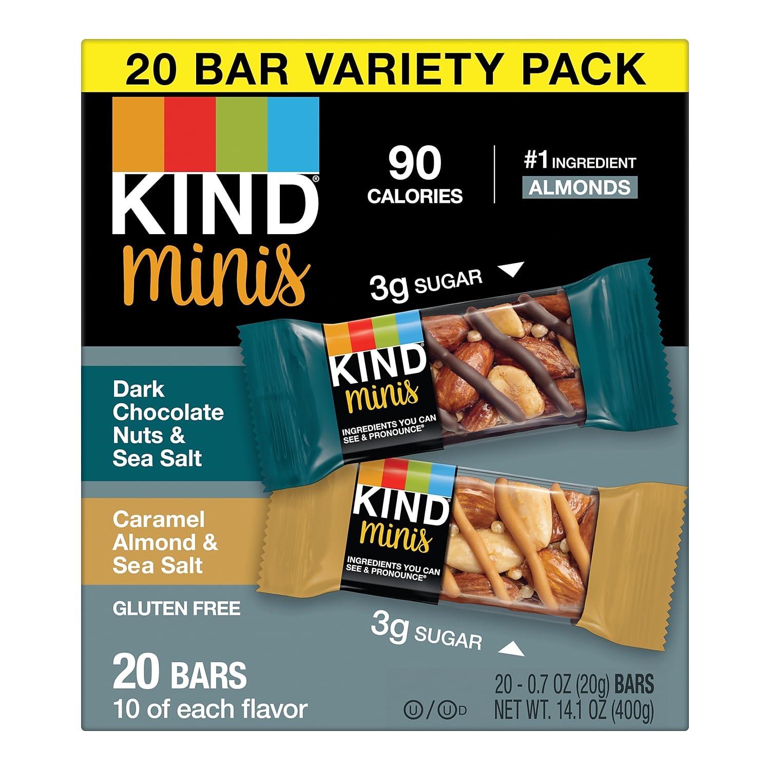 KIND Minis Snack Bars, Dark Chocolate Nuts & Sea Salt and Caramel Almond & Sea Salt, 3g Sugar, Gluten Free Bars, Variety Pack, 0.7 OZ, (20 Count) - Image 5