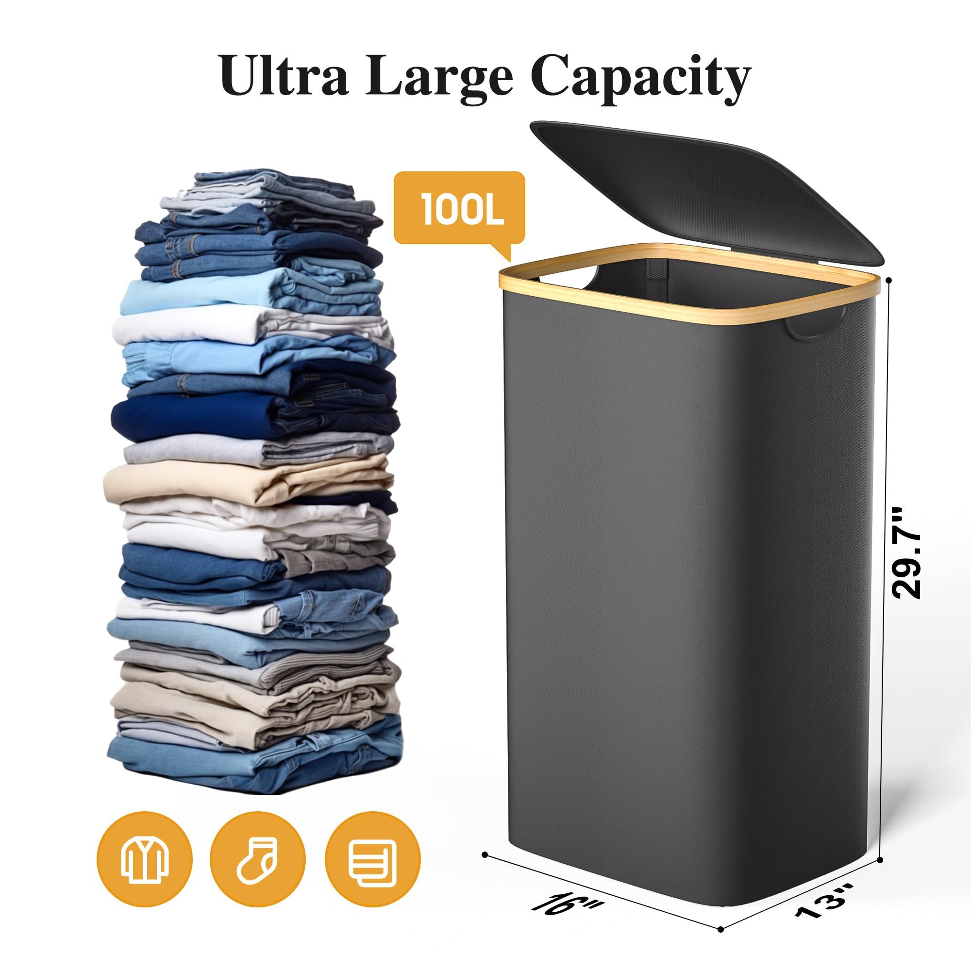 Foluck Large Laundry Hamper, 100L Waterproof Laundry Basket with Lid and Removable Bag, Collapsible Tall Clothes Hamper with Bamboo Handles for Clothes Toys in Dorm Bedroom Bathroom, Black - Image 2